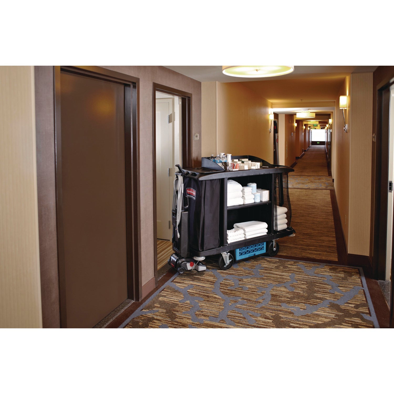 Rubbermaid® Commercial Housekeeping Cart, Plastic, 3 Shelves, 2 Bins, 22" x 60" x 50", Black