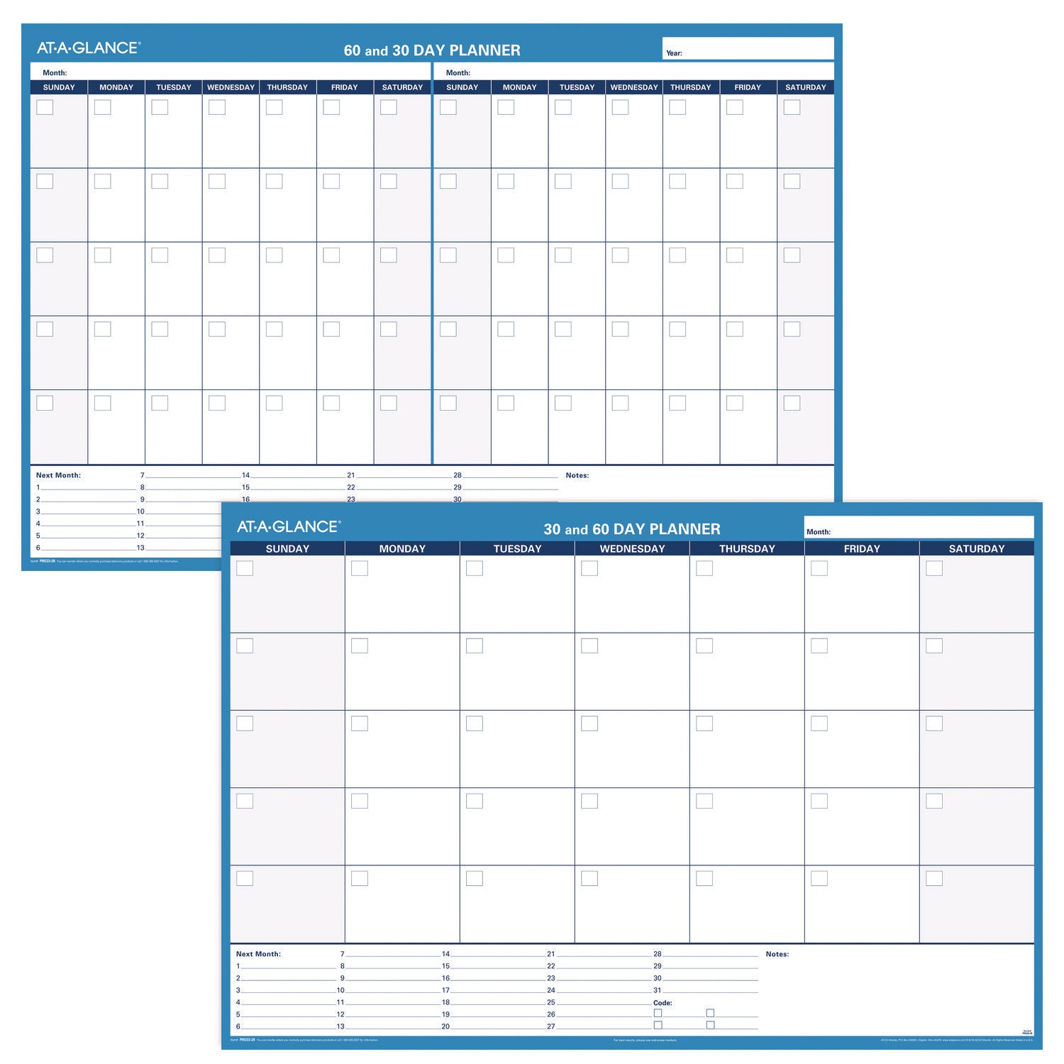 AT-A-GLANCE® 30/60-Day Undated Horizontal Erasable Wall Planner, 48 X 32, White/blue Sheets, Undated