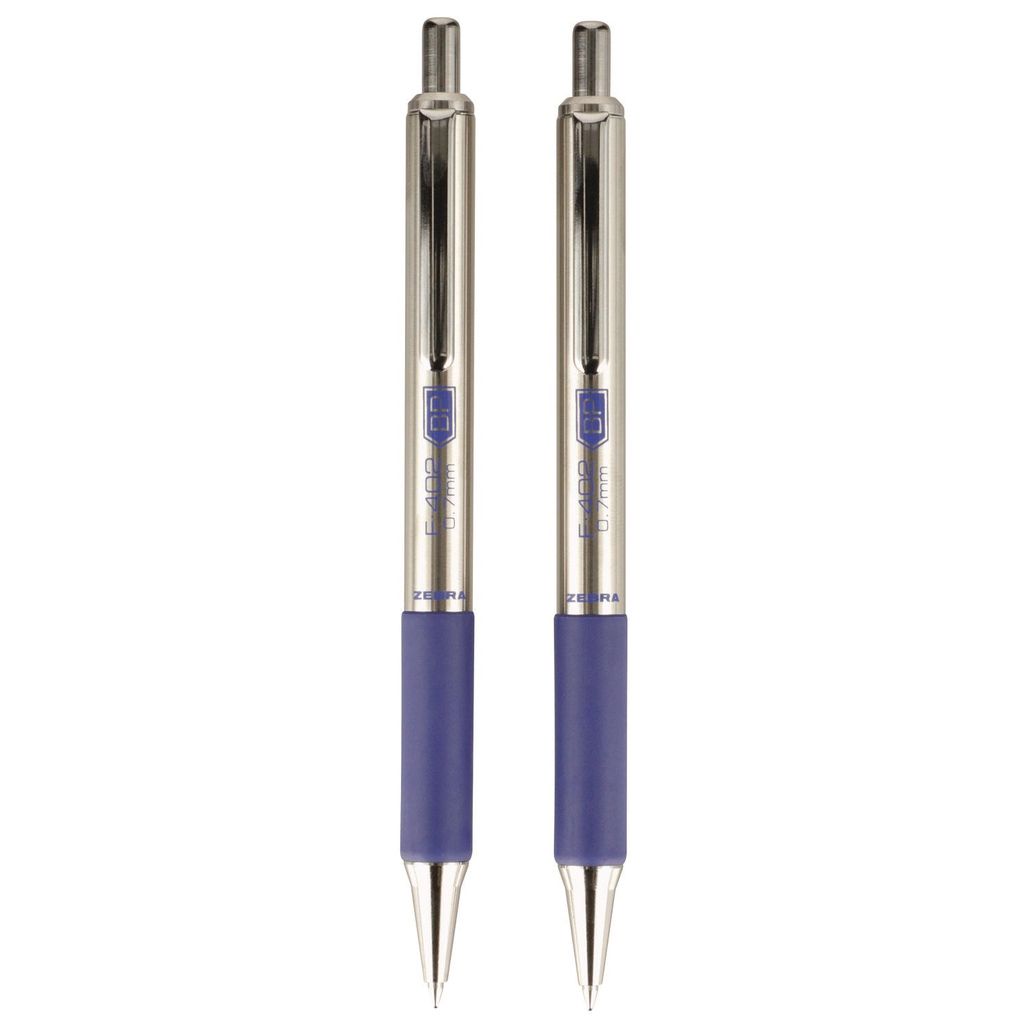 Zebra® F-402 Ballpoint Pen, Retractable, Fine 0.7 Mm, Blue Ink, Stainless Steel/blue Barrel