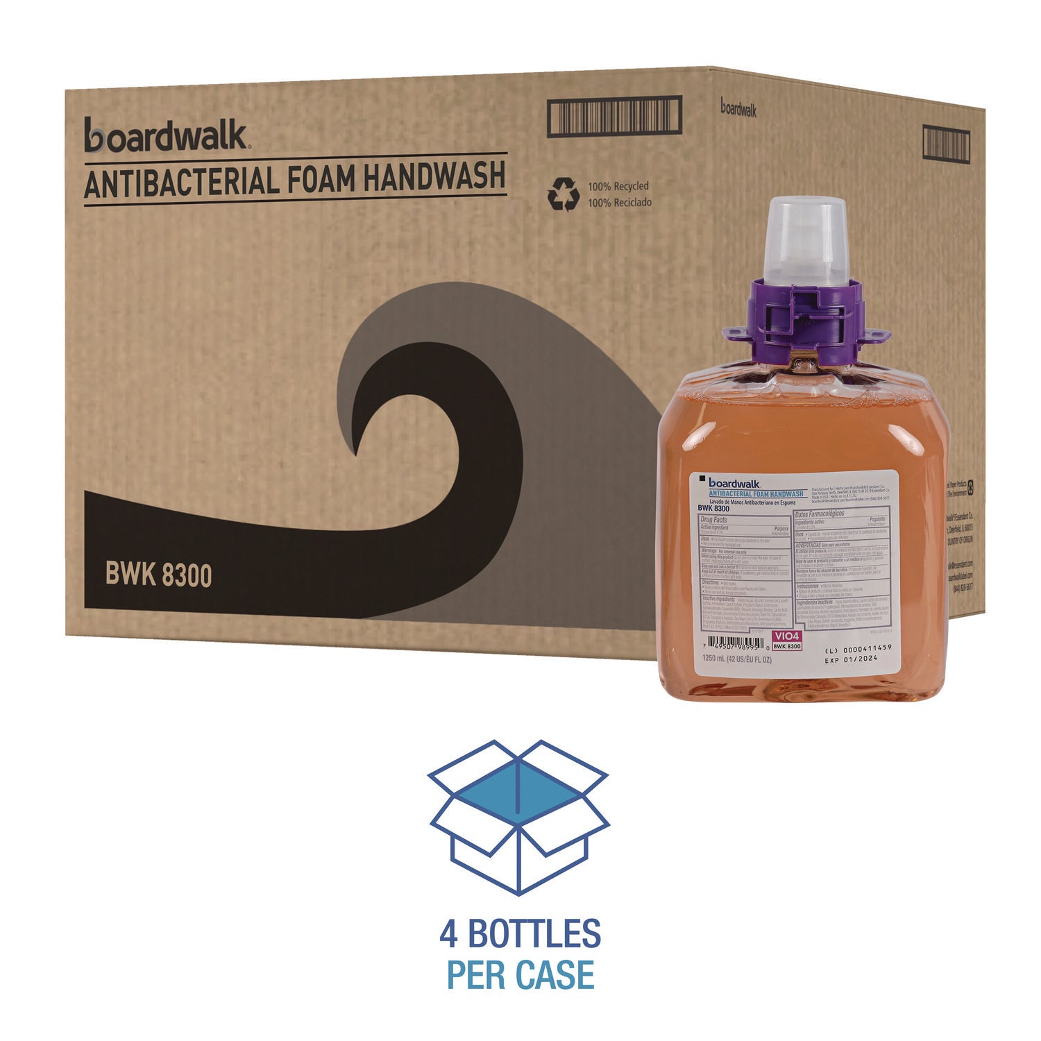 Boardwalk® Foam Antibacterial Handwash, Fresh Fruit Scent, 1,250 mL Refill, 4/Carton