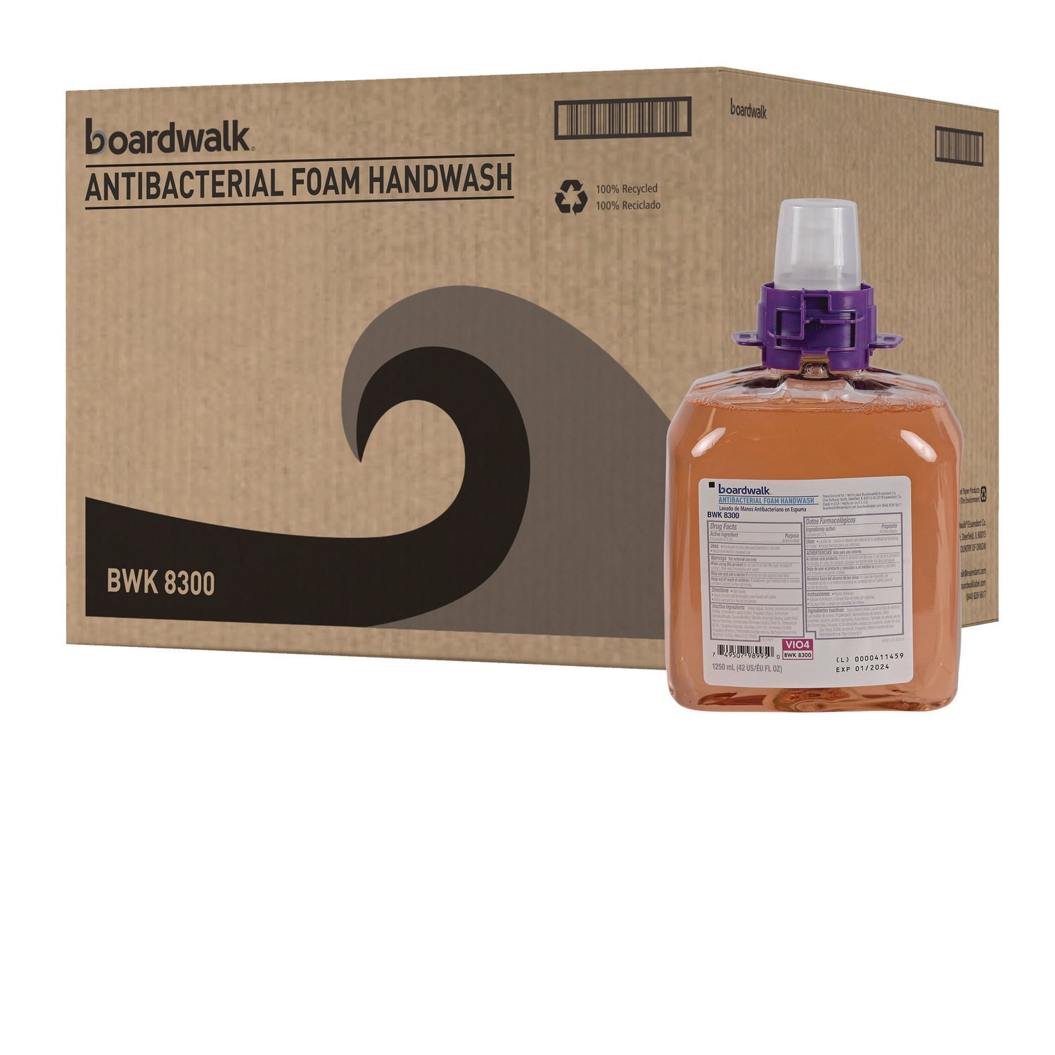Boardwalk® Foam Antibacterial Handwash, Fresh Fruit Scent, 1,250 mL Refill, 4/Carton