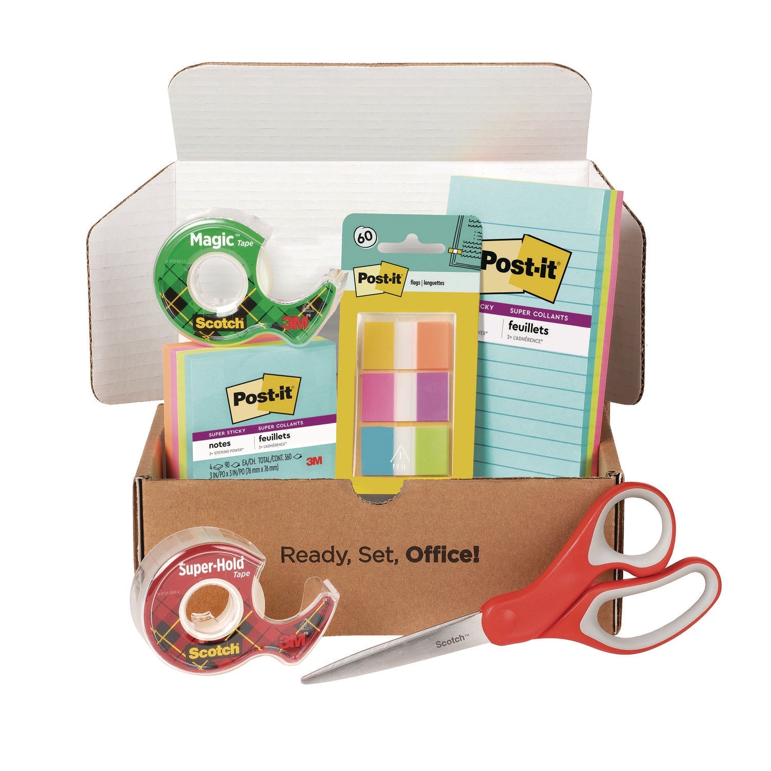 Scotch™ Office Essentials Kit, 7 Pads Assorted Super Sticky Notes, 1 Pack Flags, Roll Magic Tape, Roll Super-Hold Tape, 1 Scissors