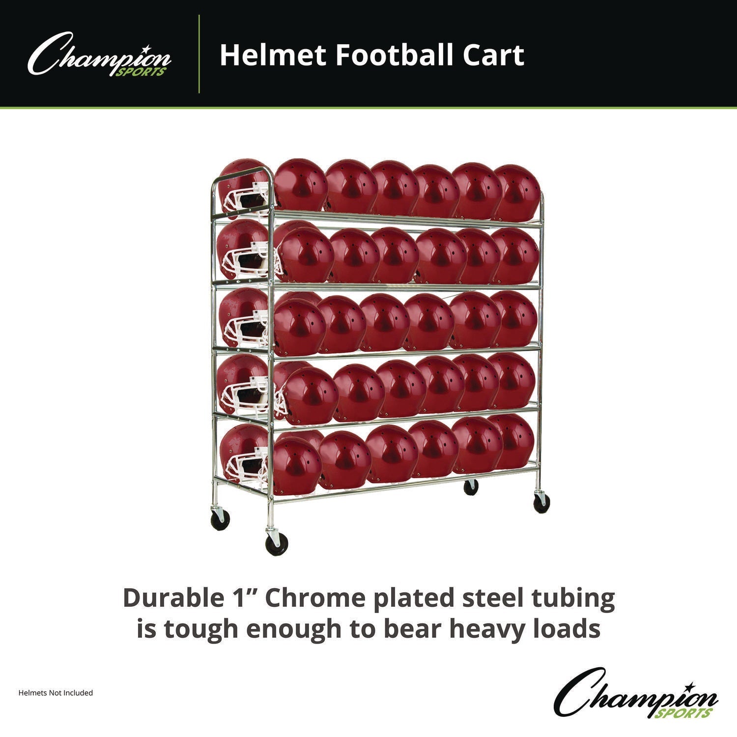 Champion Sports 60 Helmet Football Cart, Five Shelves, Metal, 176 lb Capacity, 24" x 61" x 65", Chrome - Bloom Skins