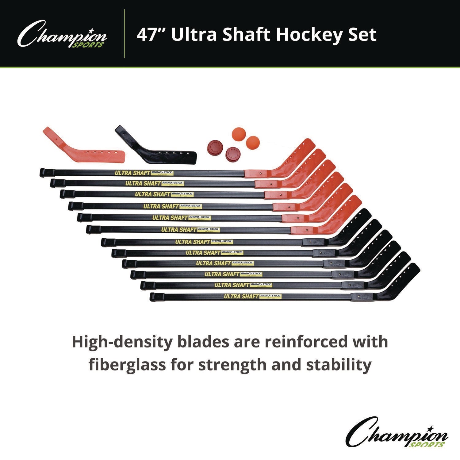 Champion Sports Ultra Shaft Hockey Set, Twelve 47' Hockey Sticks/Two Pucks/Two Balls/Two Extra Blades - Bloom Skins
