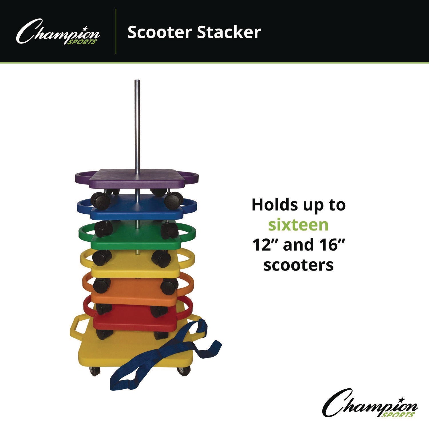 Champion Sports Scooter Stacker, Plastic, 176 lb Capacity, 21 x 16 x 39, Silver/Yellow