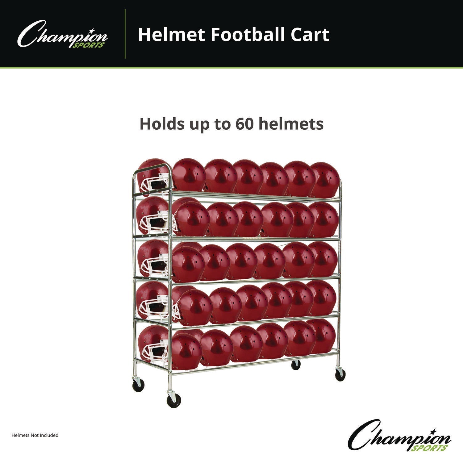 Champion Sports 60 Helmet Football Cart, Five Shelves, Metal, 176 lb Capacity, 24" x 61" x 65", Chrome - Bloom Skins