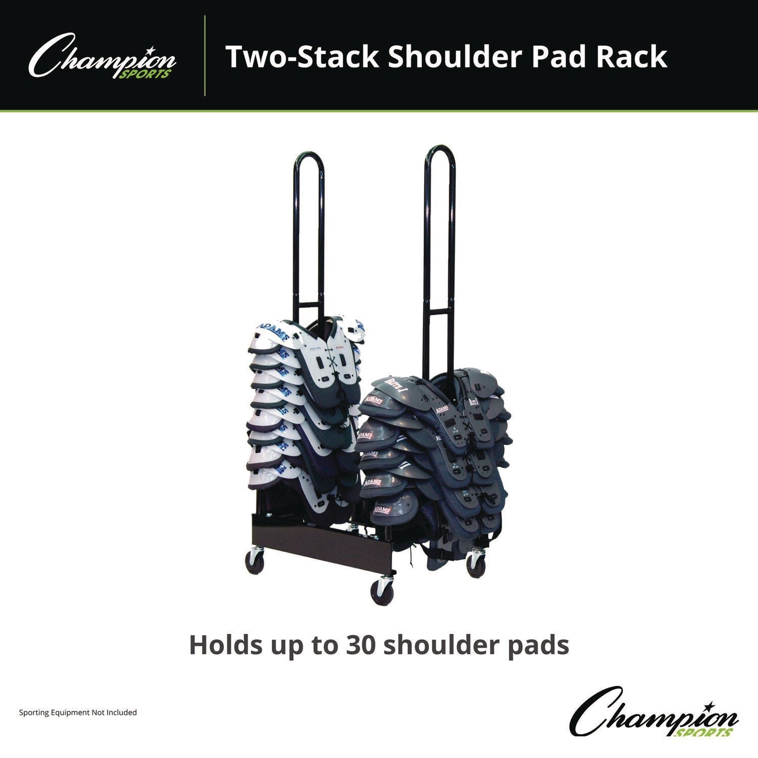 Champion Sports Mobile Two-Stack Shoulder Pad Rack, Metal, 176 lb Capacity, 24" x 30" x 69", Black - Bloom Skins