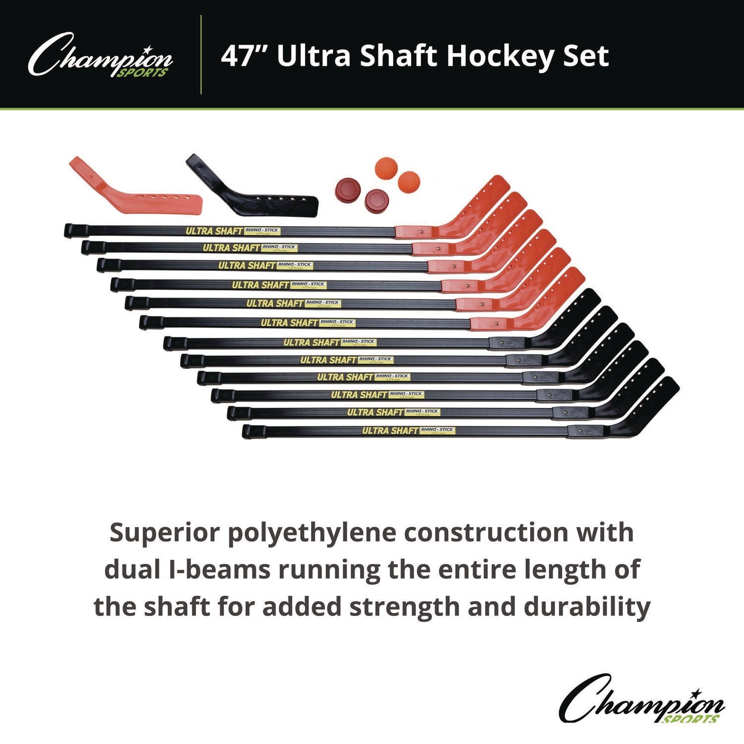 Champion Sports Ultra Shaft Hockey Set, Twelve 47' Hockey Sticks/Two Pucks/Two Balls/Two Extra Blades - Bloom Skins