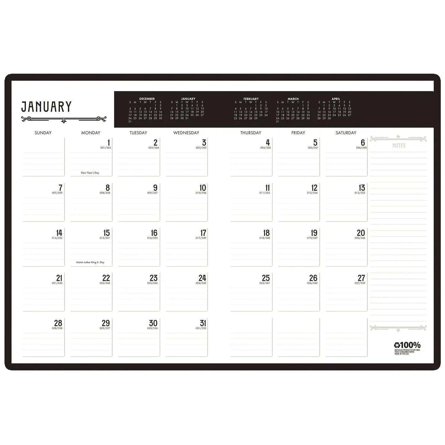 House of Doolittle™ 100% Recycled Deco Days Monthly Planner, 11 x 8.5, Black/Gold Cover, 12-Month (Jan to Dec): 2025