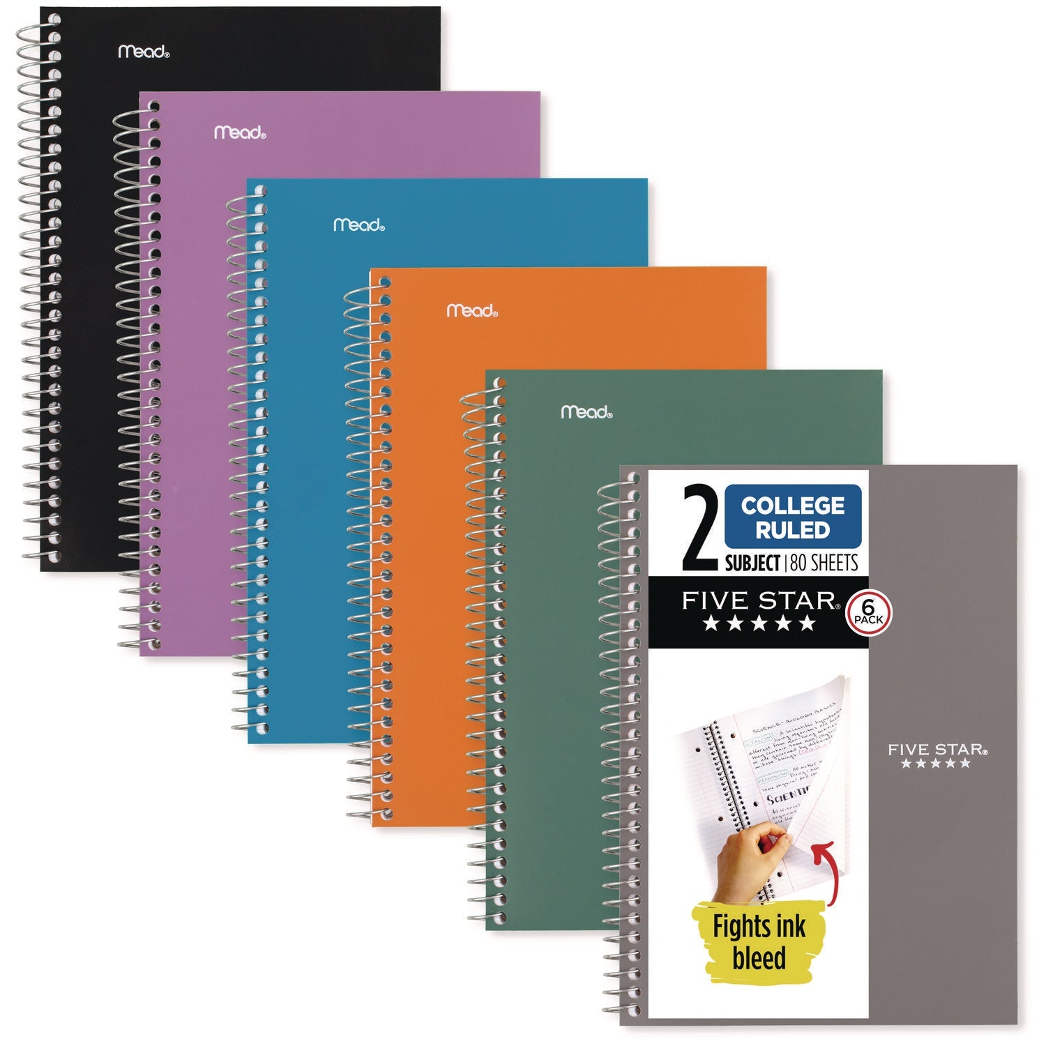 Five Star® Wirebound Notebook, 2-Subject, Medium/College Rule, Assorted Cover Color, (80) 9.5 x 6.52 Sheets, 6/Pack