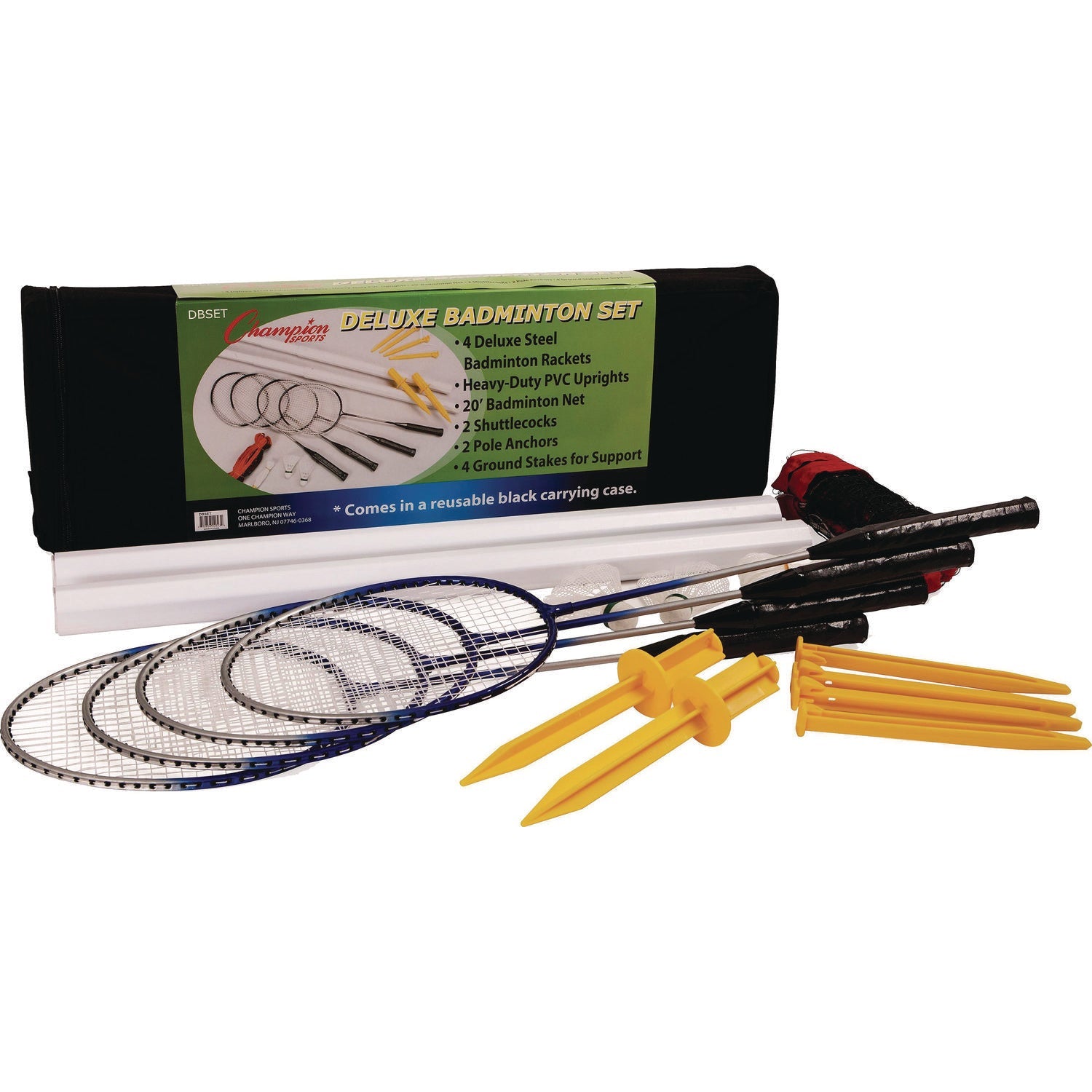 Champion Sports Deluxe Badminton Set, 20 ft Net with 4 Rackets, 2 Shuttlecocks