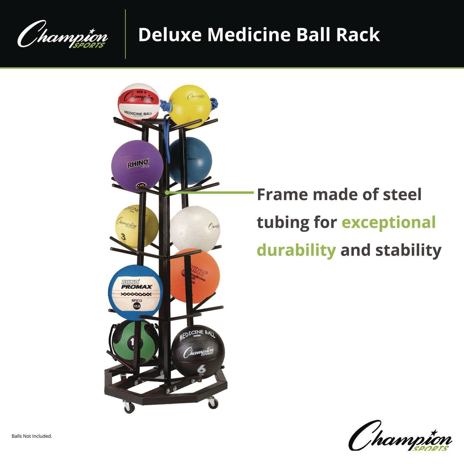 Champion Sports Deluxe Five-Row Mobile Medicine Ball Rack, Metal, 198 lb Capacity, 25" x 25" x 56", Black - Bloom Skins