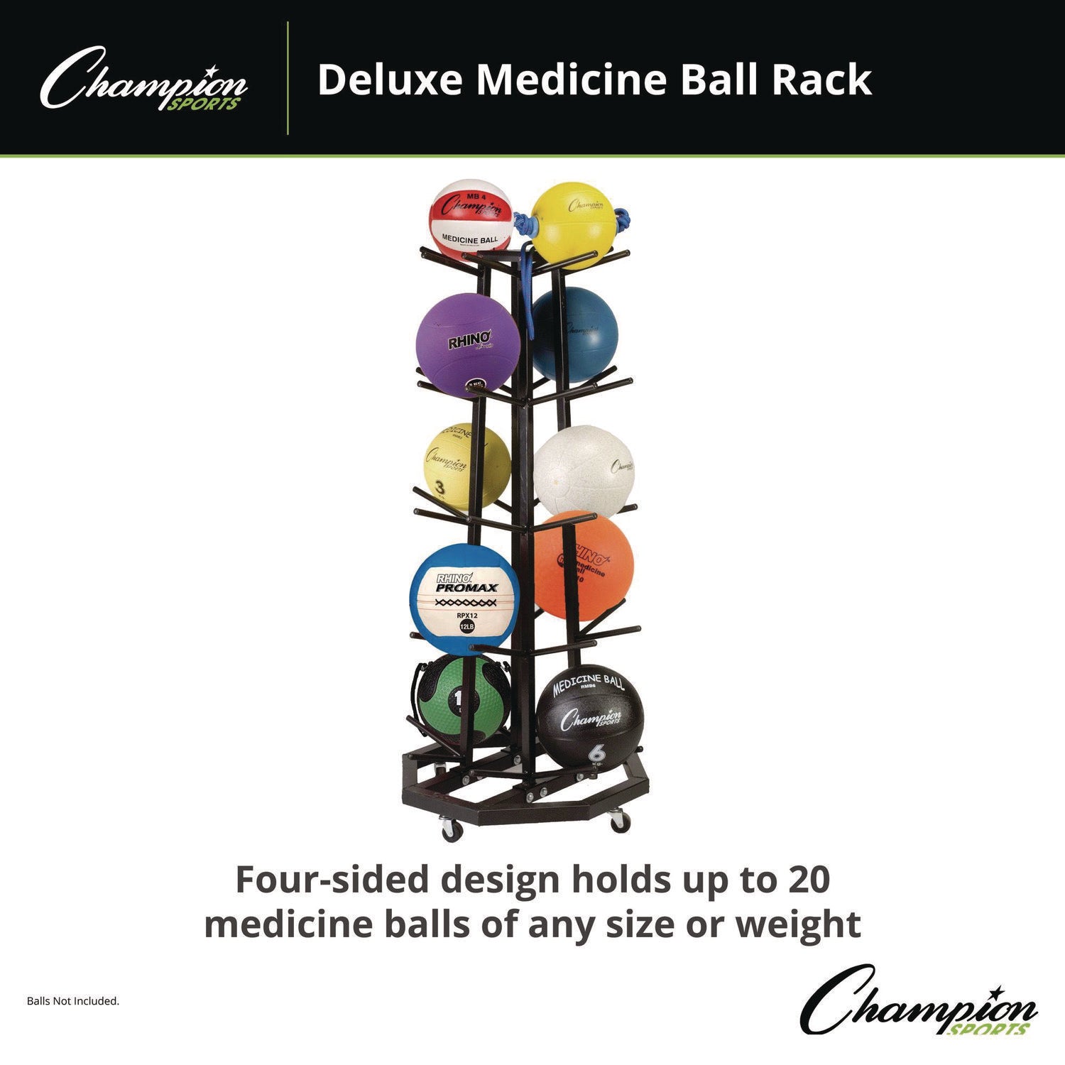 Champion Sports Deluxe Five-Row Mobile Medicine Ball Rack, Metal, 198 lb Capacity, 25" x 25" x 56", Black - Bloom Skins