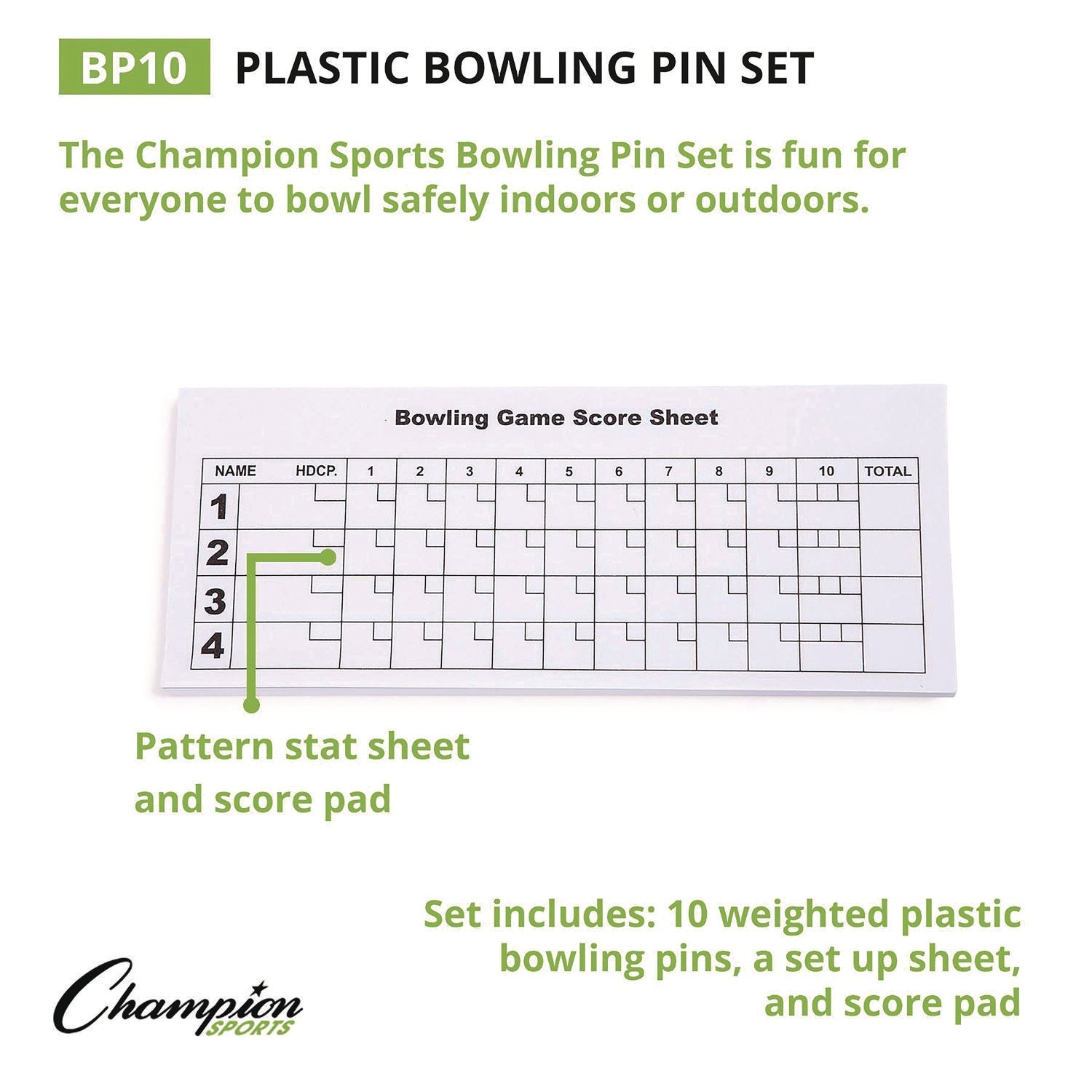 Champion Sports Plastic Bowling Pin Set, White, 10/Set