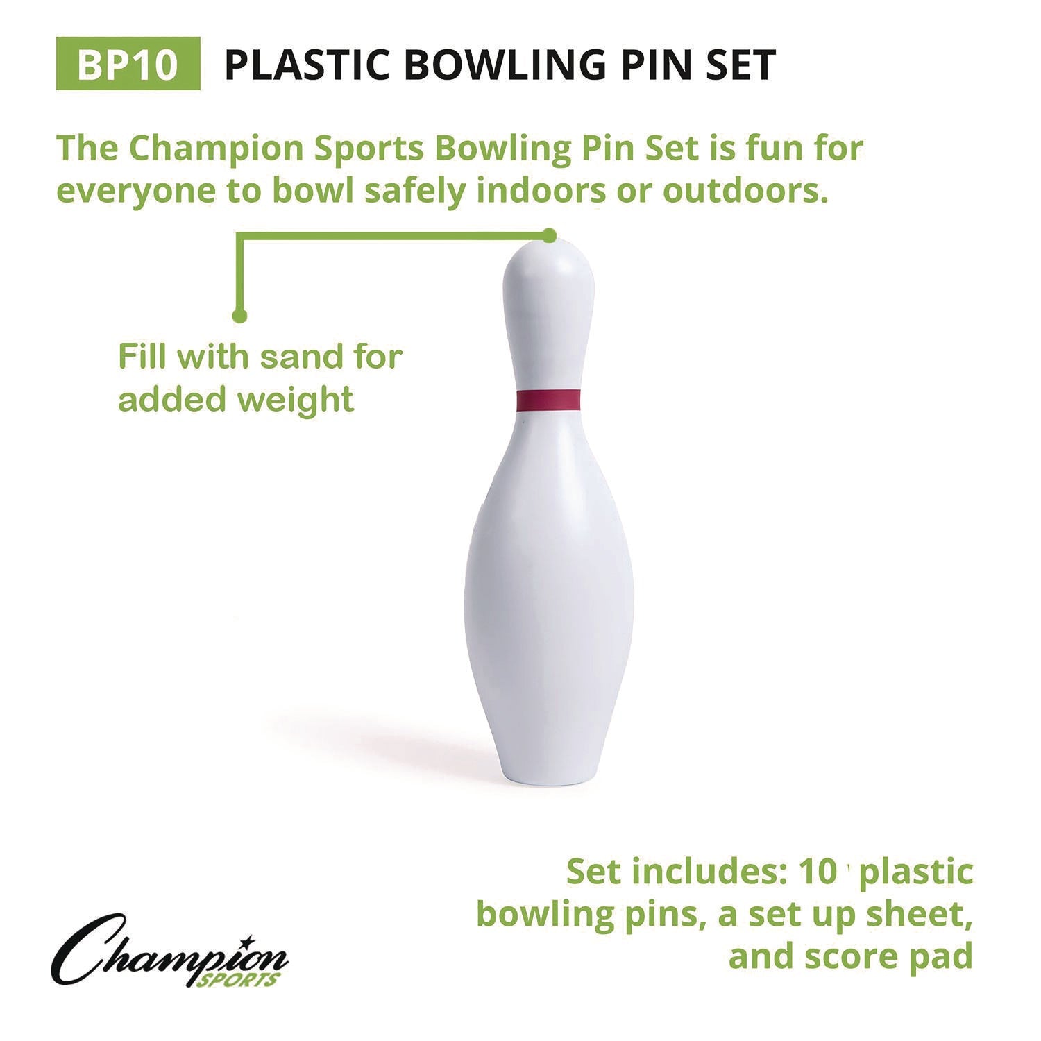 Champion Sports Plastic Bowling Pin Set, White, 10/Set - Bloom Skins