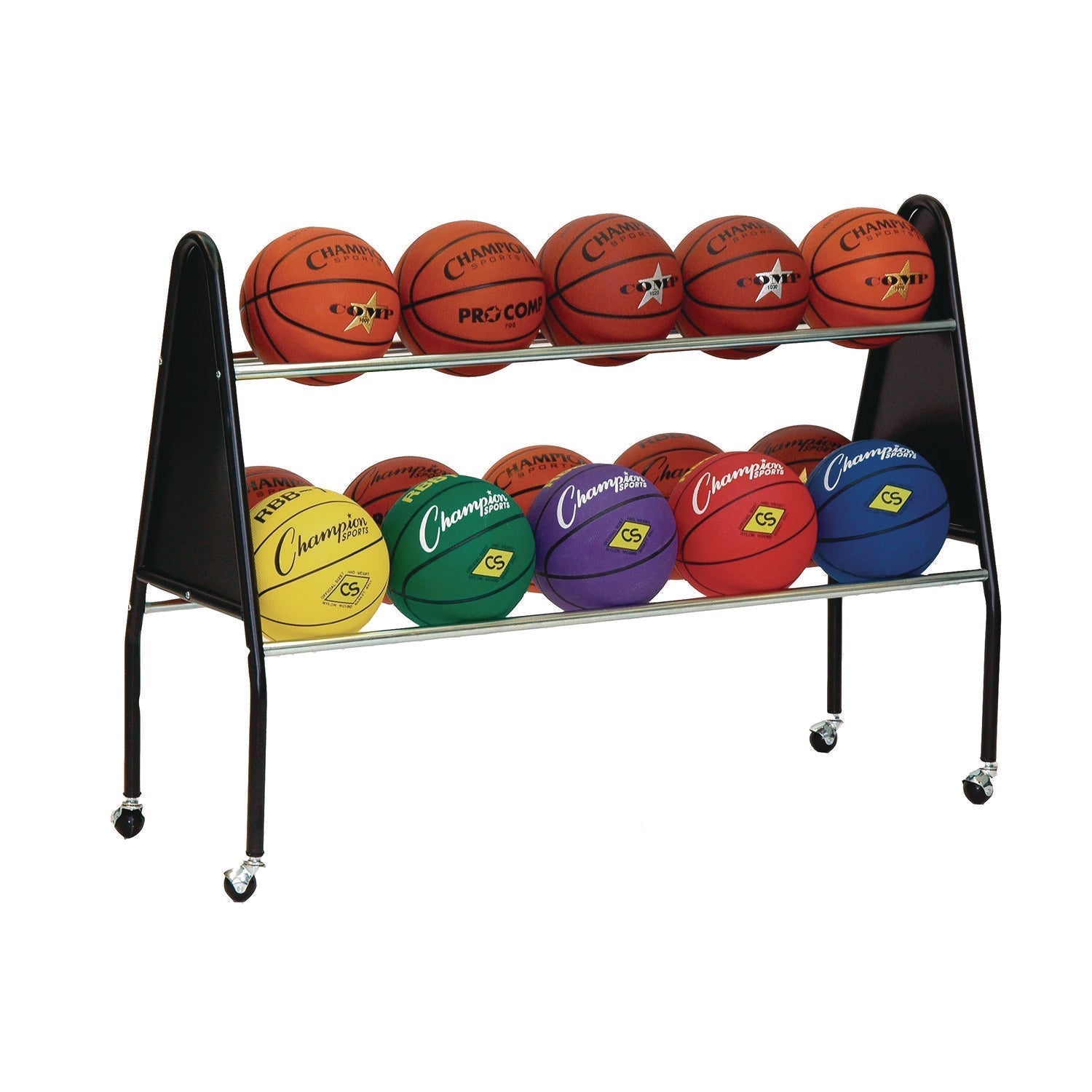 Champion Sports Heavy-Duty Ball Cart, Metal, 132 lb Capacity, 18 x 51 x 38, Black