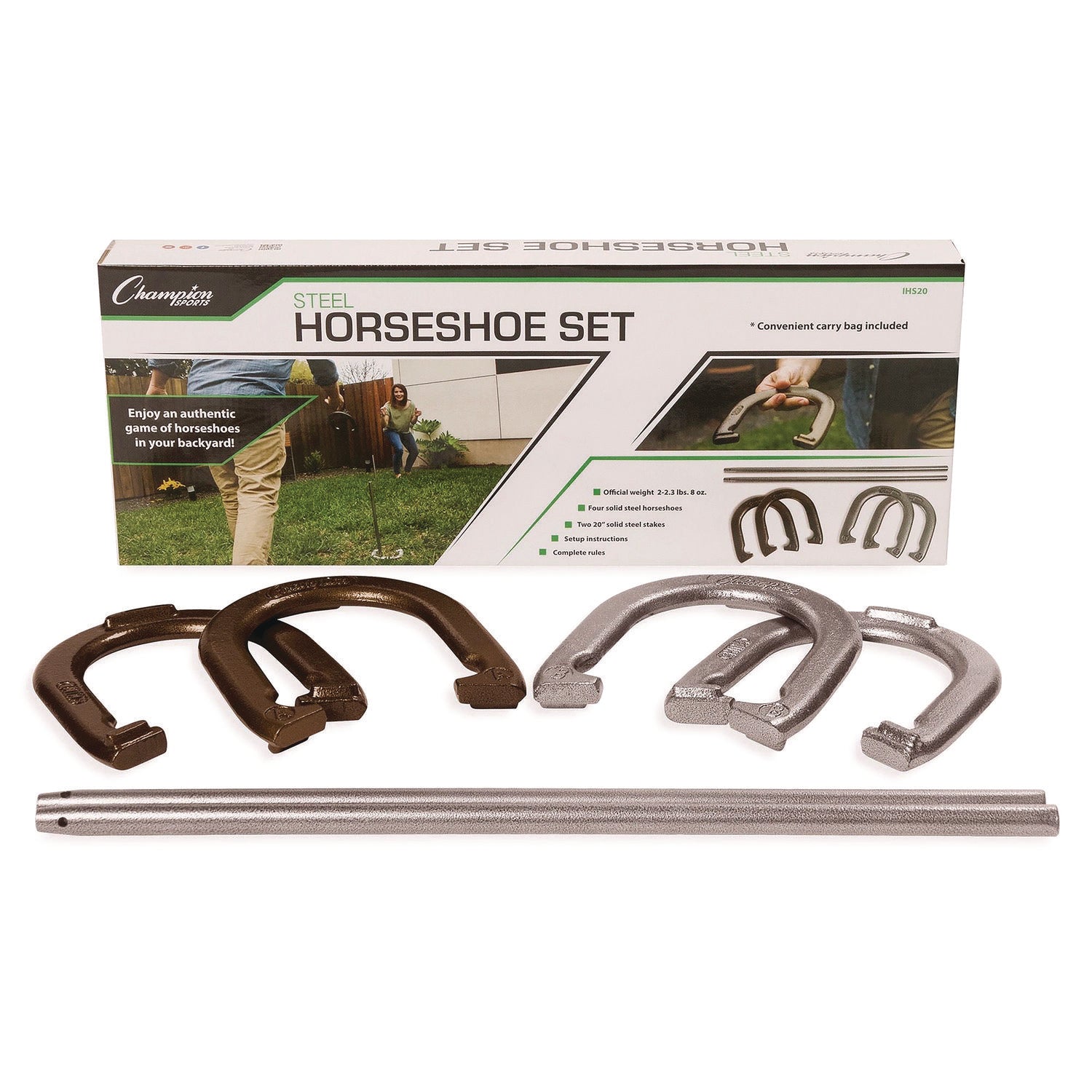 Champion Sports Steel Horseshoe Set, (4) Horseshoes/(2) 20" Stakes/Nylon Carry Bag