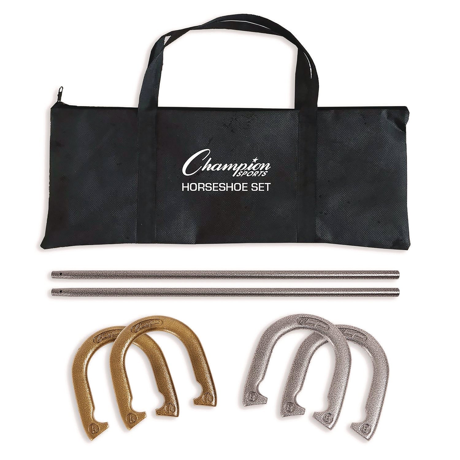 Champion Sports Steel Horseshoe Set, (4) Horseshoes/(2) 24" Stakes/Nylon Carry Bag