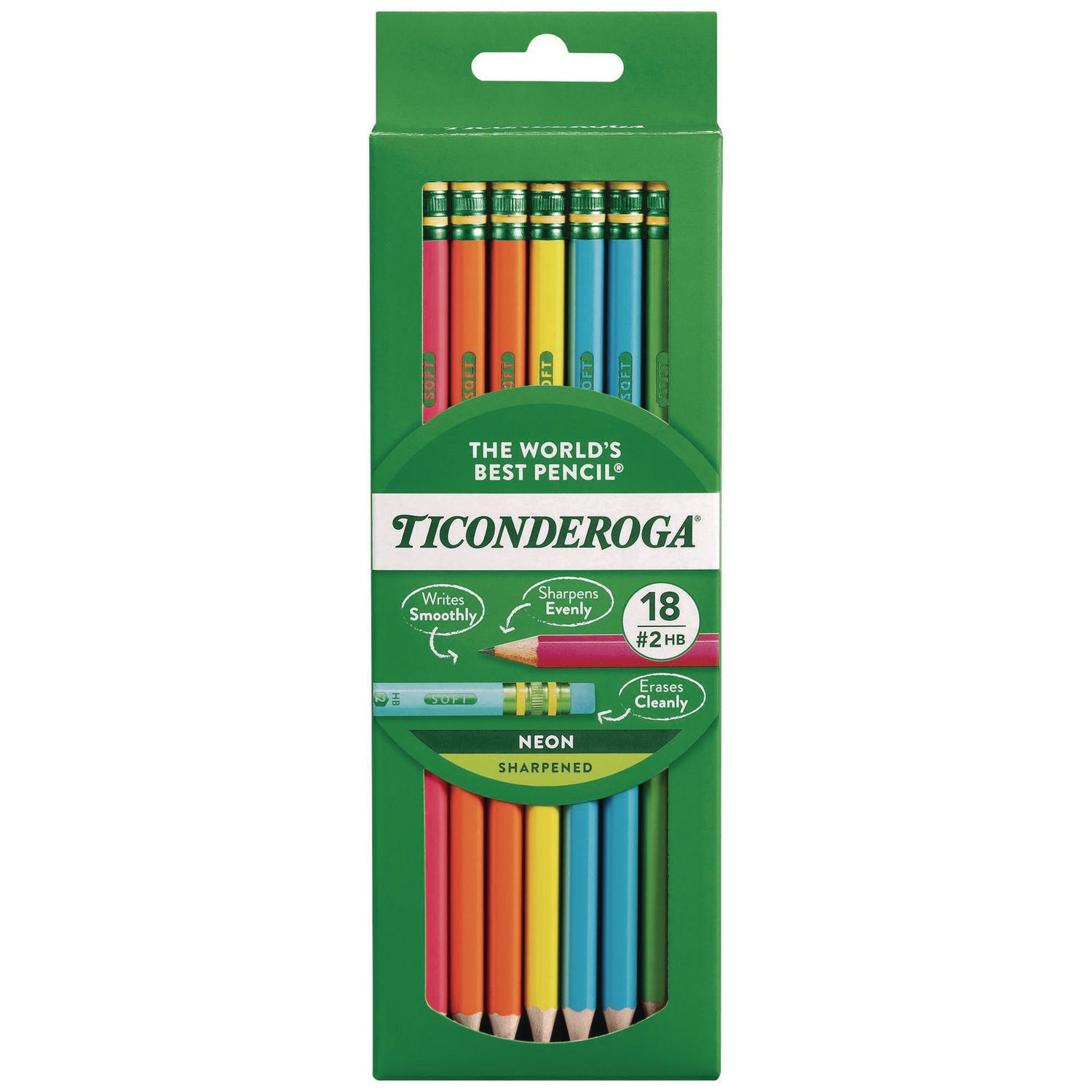 Ticonderoga® Pre-Sharpened Pencil, 2.2 mm, HB (#2), Black Lead, Neon Assorted Barrel Colors, 18/Pack