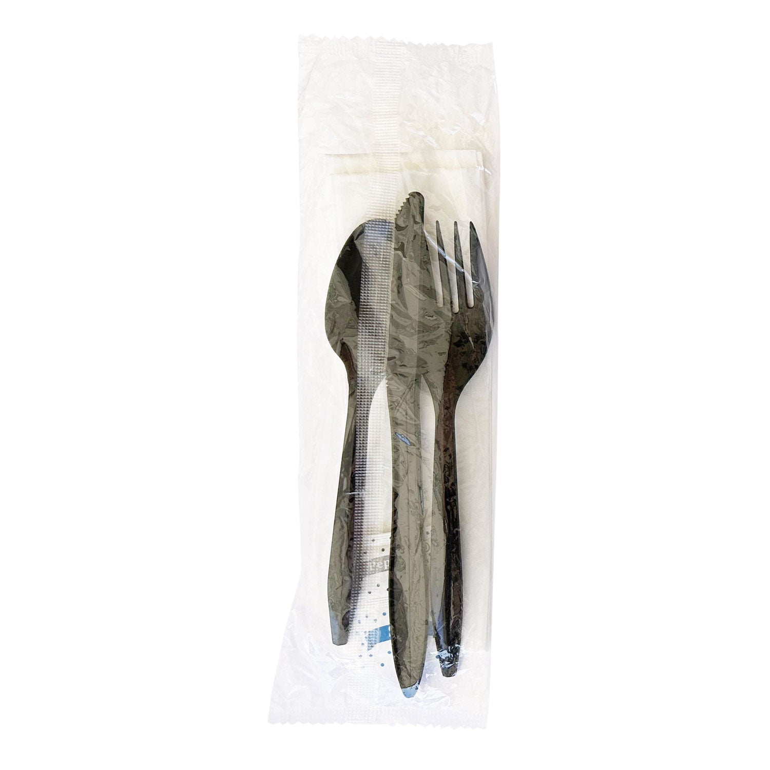 Boardwalk® Six-Piece Cutlery Kit, Mediumweight, Fork/Knife/Napkin/Pepper/Salt/Spoon, 5.86", Plastic, Black, 250/Carton