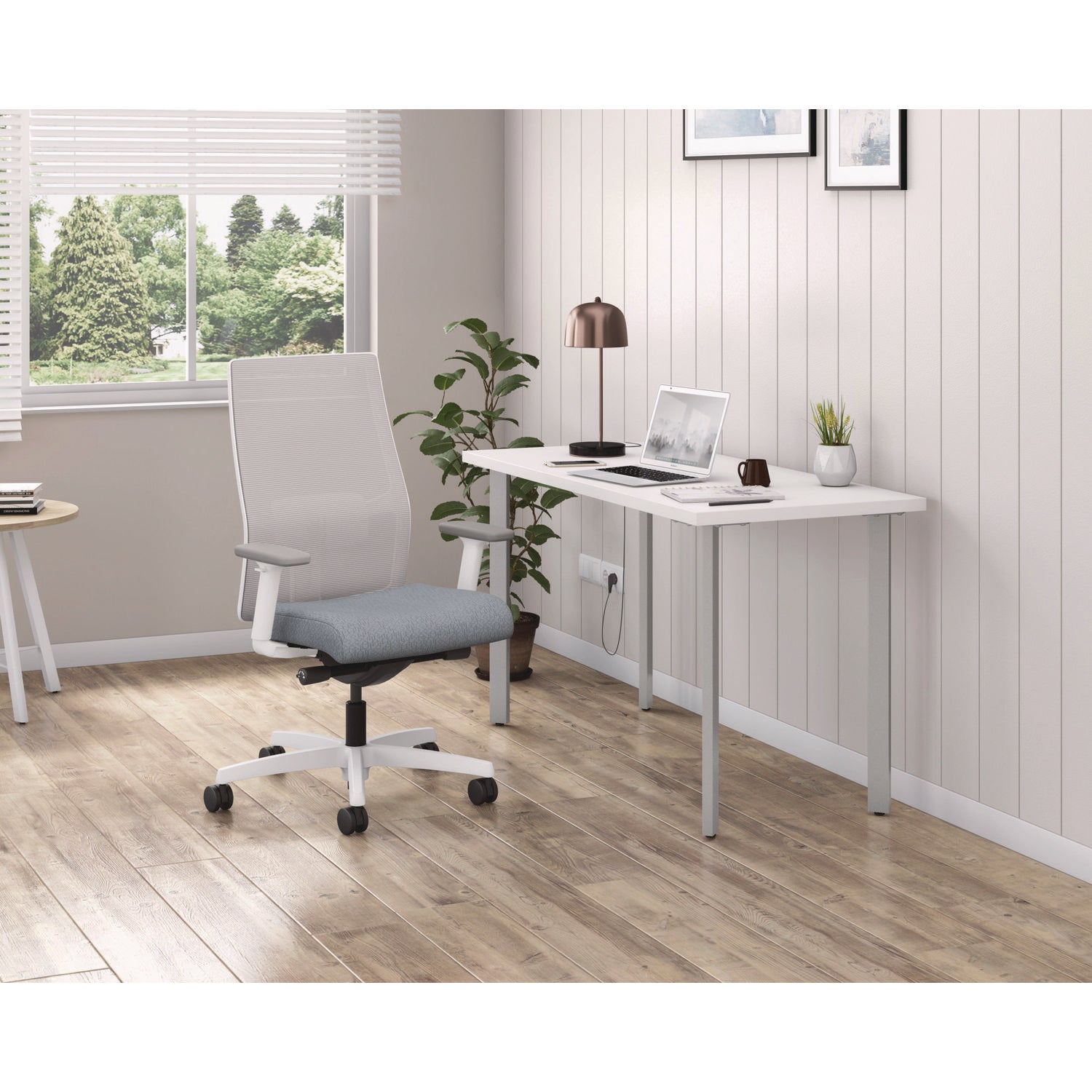 HON® Ignition 2.0 4-Way Stretch Mid-Back Mesh Task Chair, 17" to 21" Seat Height, Basalt Seat, Fog Back, Designer White Base - Bloom Skins