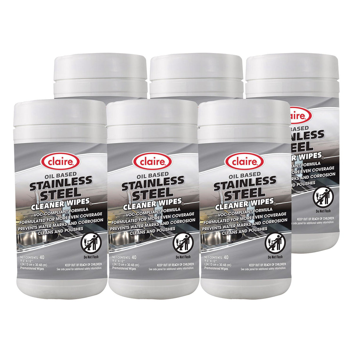 Claire® Stainless Steel Cleaner Wipes, 9.5 x 12, Citrus, Purple, 40 Wipes/Canister, 6 Canisters/Carton - Bloom Skins