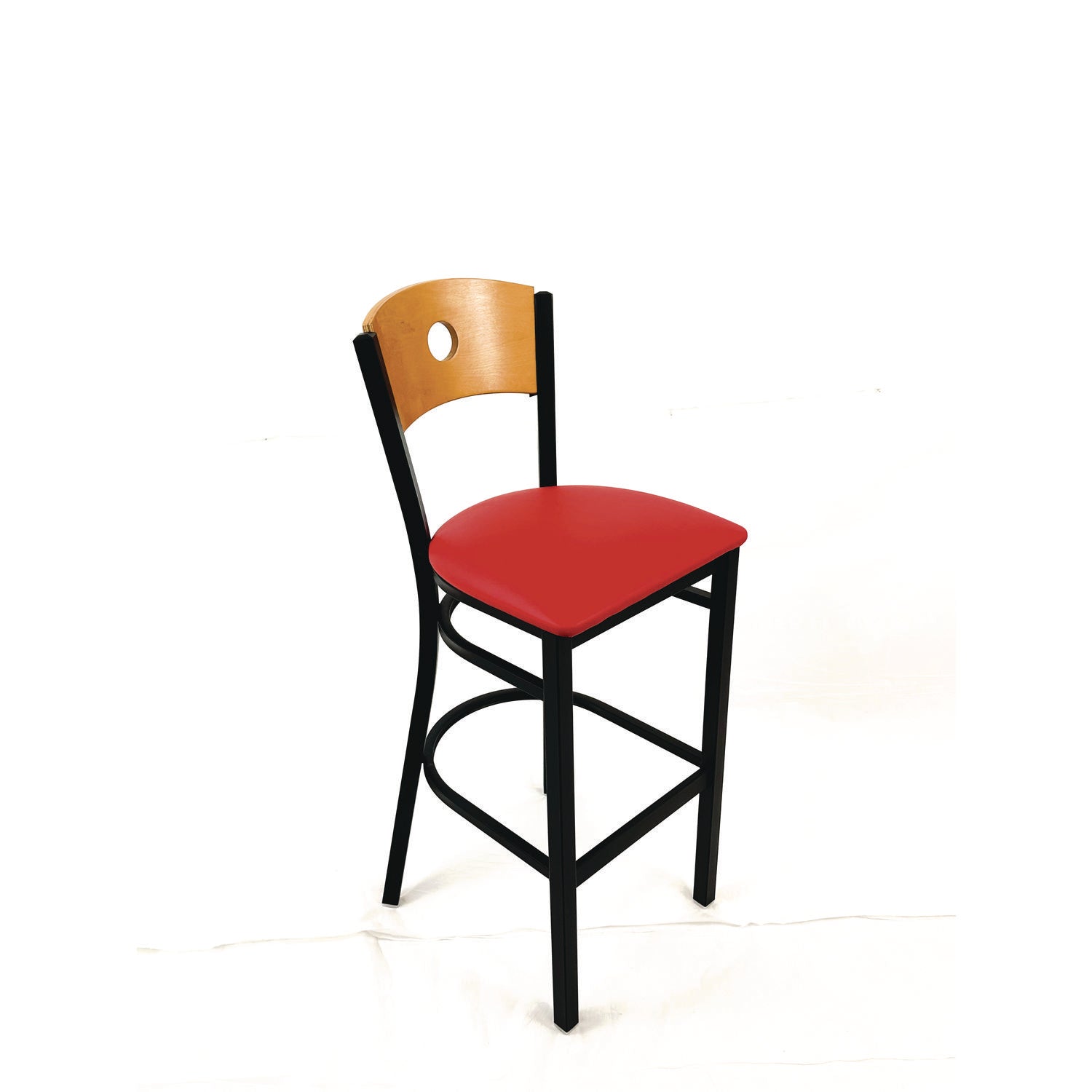 JMC Furniture Circle Series Barstool, Supports Up to 300 lb, 28.5" Seat Height, Red Seat, Natural Back, Black Base