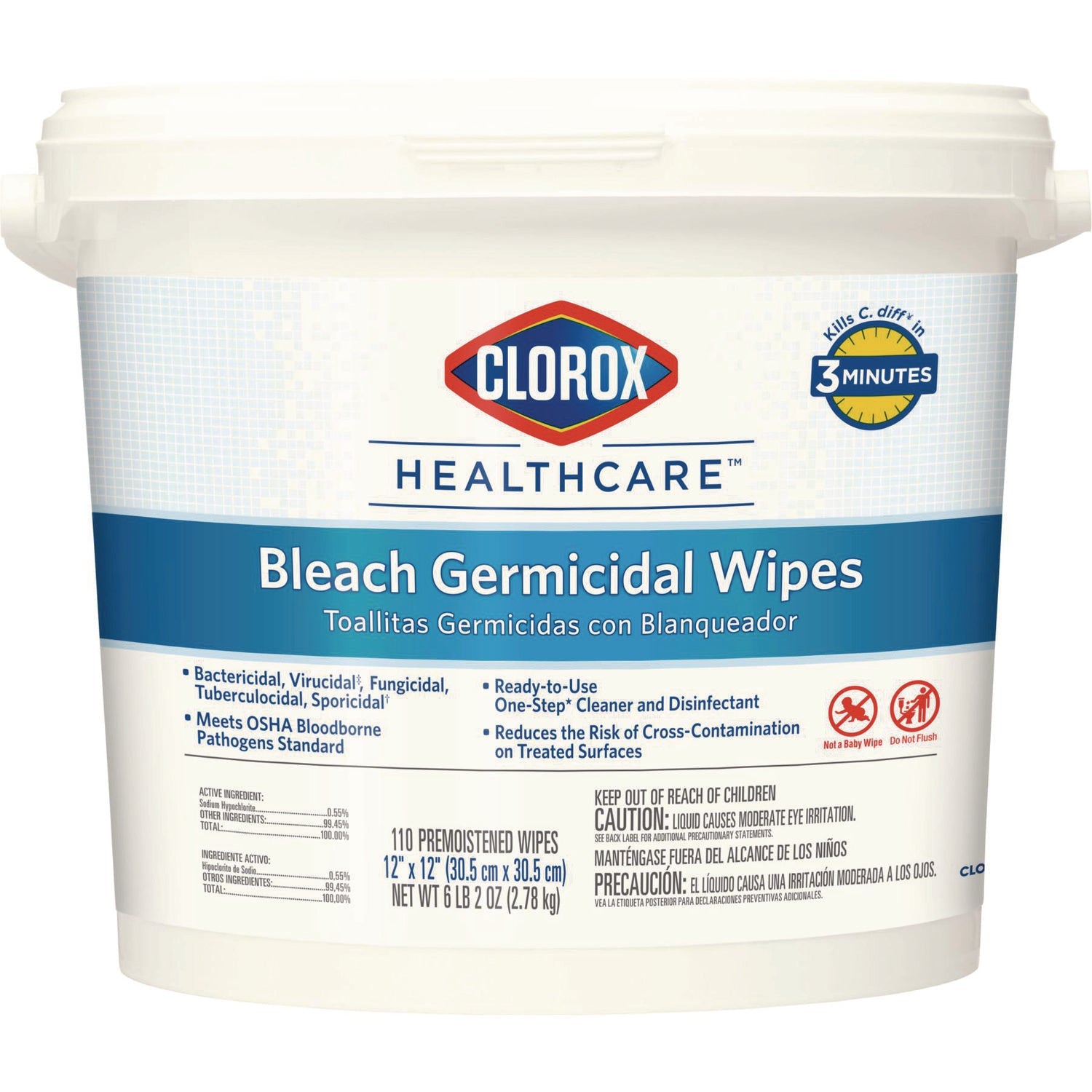 Clorox Healthcare® Bleach Germicidal Wipes, 1-Ply, 12 x 12, Unscented, White, 110/Bucket