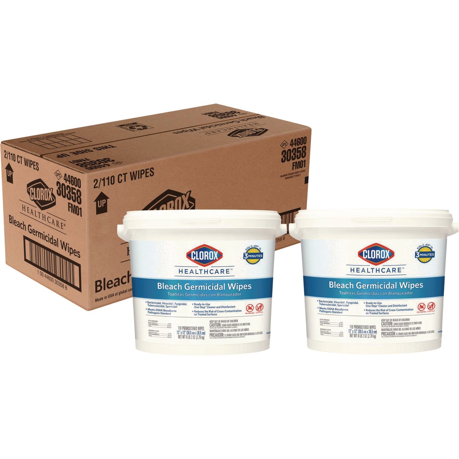 Clorox Healthcare® Bleach Germicidal Wipes, 1-Ply, 12 x 12, Unscented, White, 110/Canister, 2 Canisters/Carton