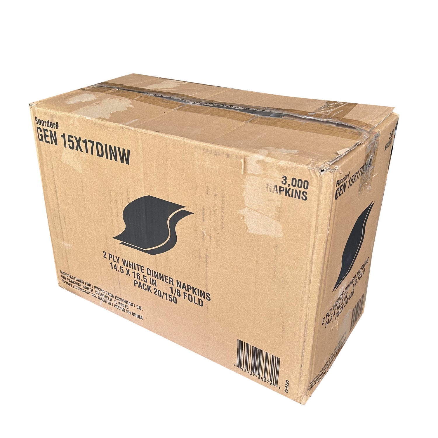 GEN Dinner Napkins, 2-Ply, 14.5"W x 16.5"D, White, 150/Pack, 20 Packs/Carton