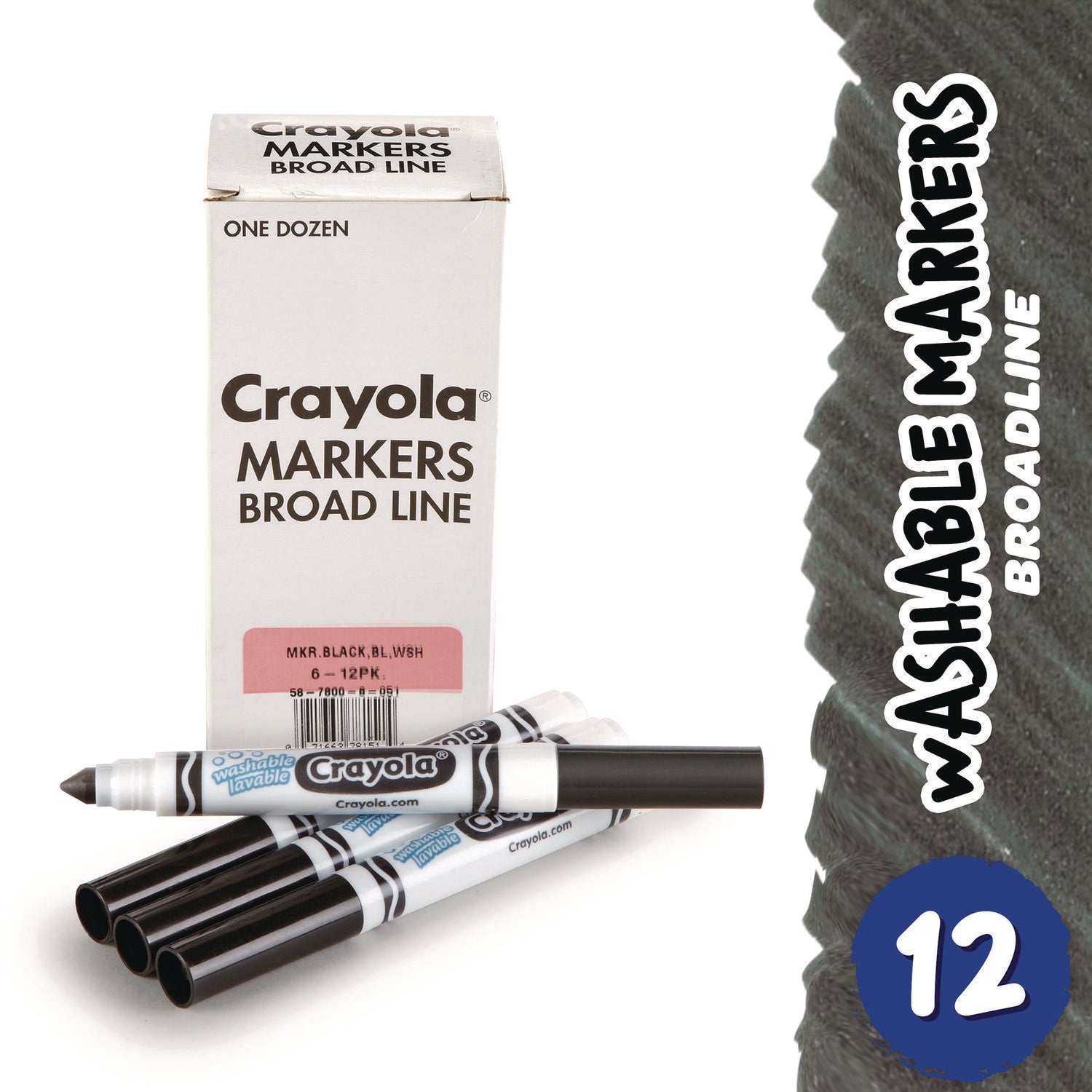 Crayola® Broad Line Washable Markers, Broad Bullet Tip, Black, 12/box