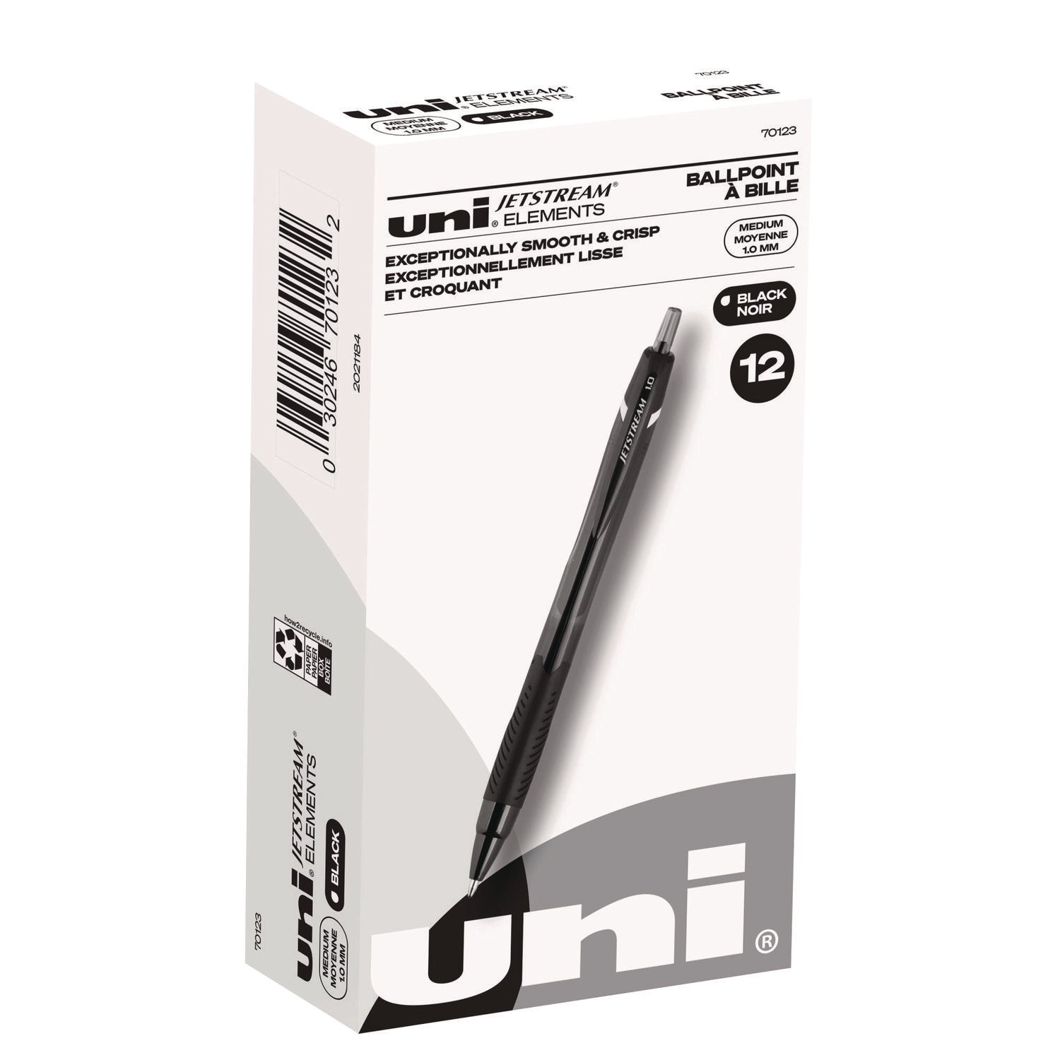 uniball® Jetstream Elements Hybrid Gel Pen, Retractable, Medium 1 mm, Black Ink, Translucent Black/Black Barrel, Dozen