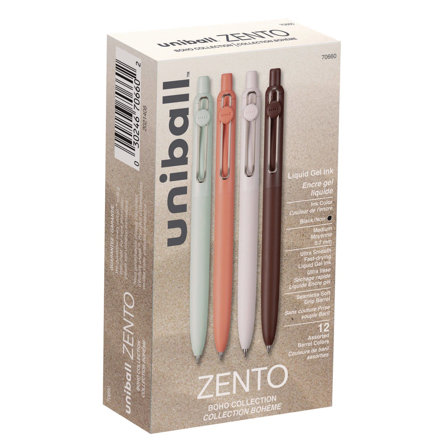 uniball® Zento Gel Pen, Retractable, Medium 0.7 mm, Black Ink, Assorted Barrel Colors, Dozen