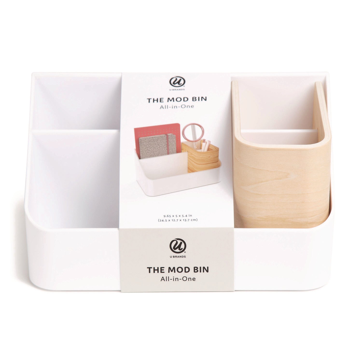U Brands Mod All-in-One Desktop Organizer, 4 Compartments, 5.39 x 9.65 x 5.08, Plastic/Wood, White