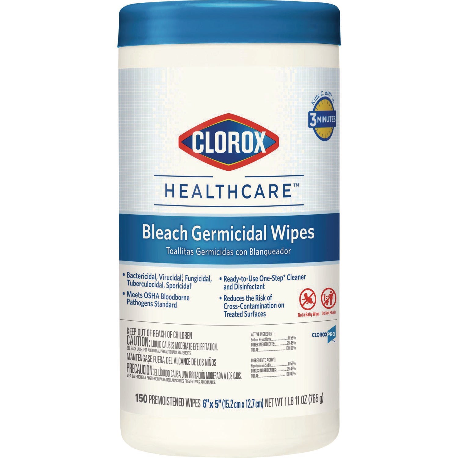 Clorox Healthcare® Bleach Germicidal Wipes, 1-Ply, 6 x 5, Unscented, White, 150/Canister