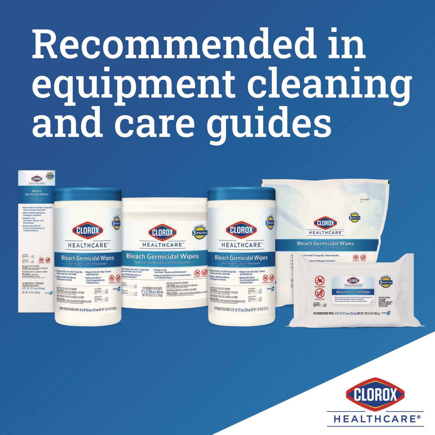 Clorox Healthcare® Bleach Germicidal Wipes, 1-Ply, 6 x 5, Unscented, White, 150/Canister, 6 Canisters/Carton