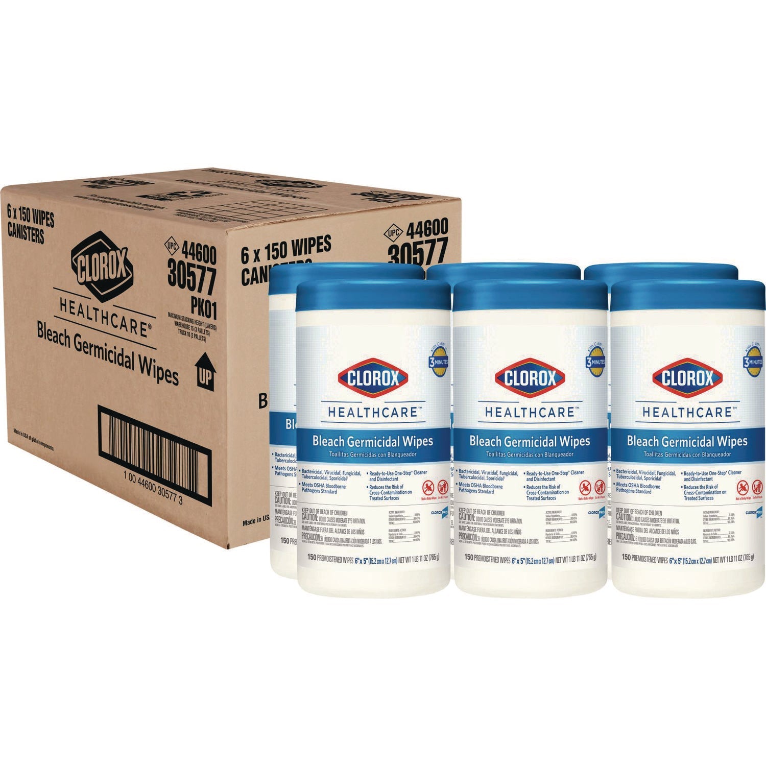 Clorox Healthcare® Bleach Germicidal Wipes, 1-Ply, 6 x 5, Unscented, White, 150/Canister, 6 Canisters/Carton