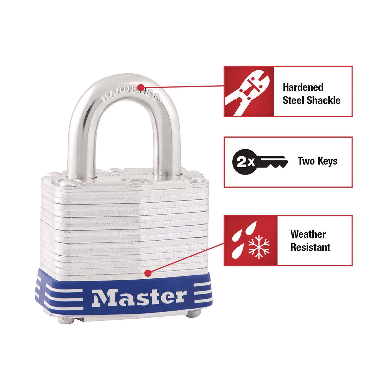 Master Lock® Four-Pin Tumbler Lock, Laminated Steel Body, 1.12" Wide, Silver/Blue, 2 Keys - Bloom Skins