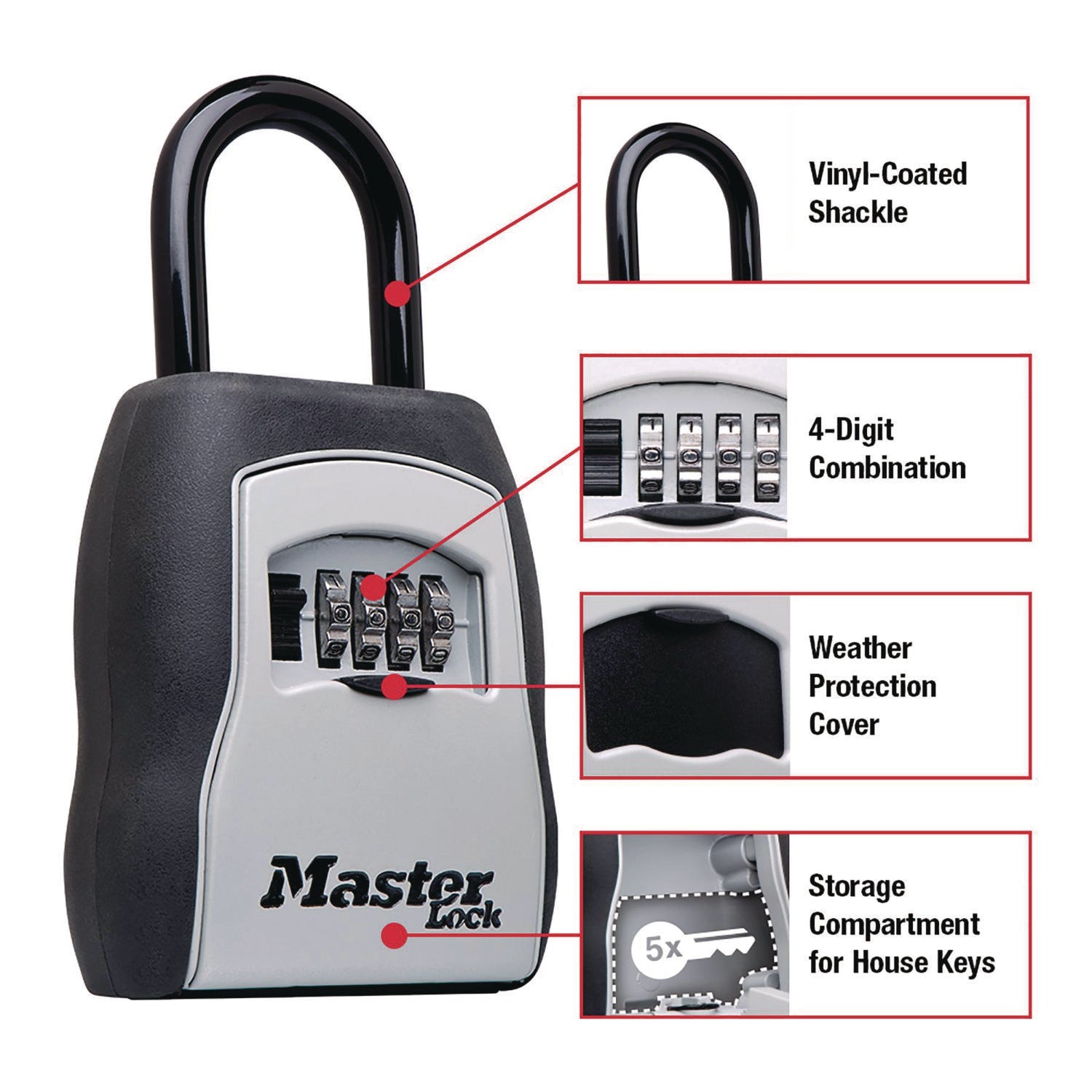 Master Lock® Locking Combination 5 Key Steel Box, 3.25" Wide, Black/Silver