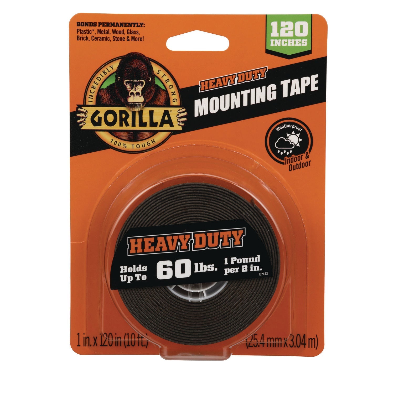 Gorilla® Heavy Duty Mounting Tape, Permanent, Holds Up to 60 lb (1 lb per 2 in), 1 x 120, Black