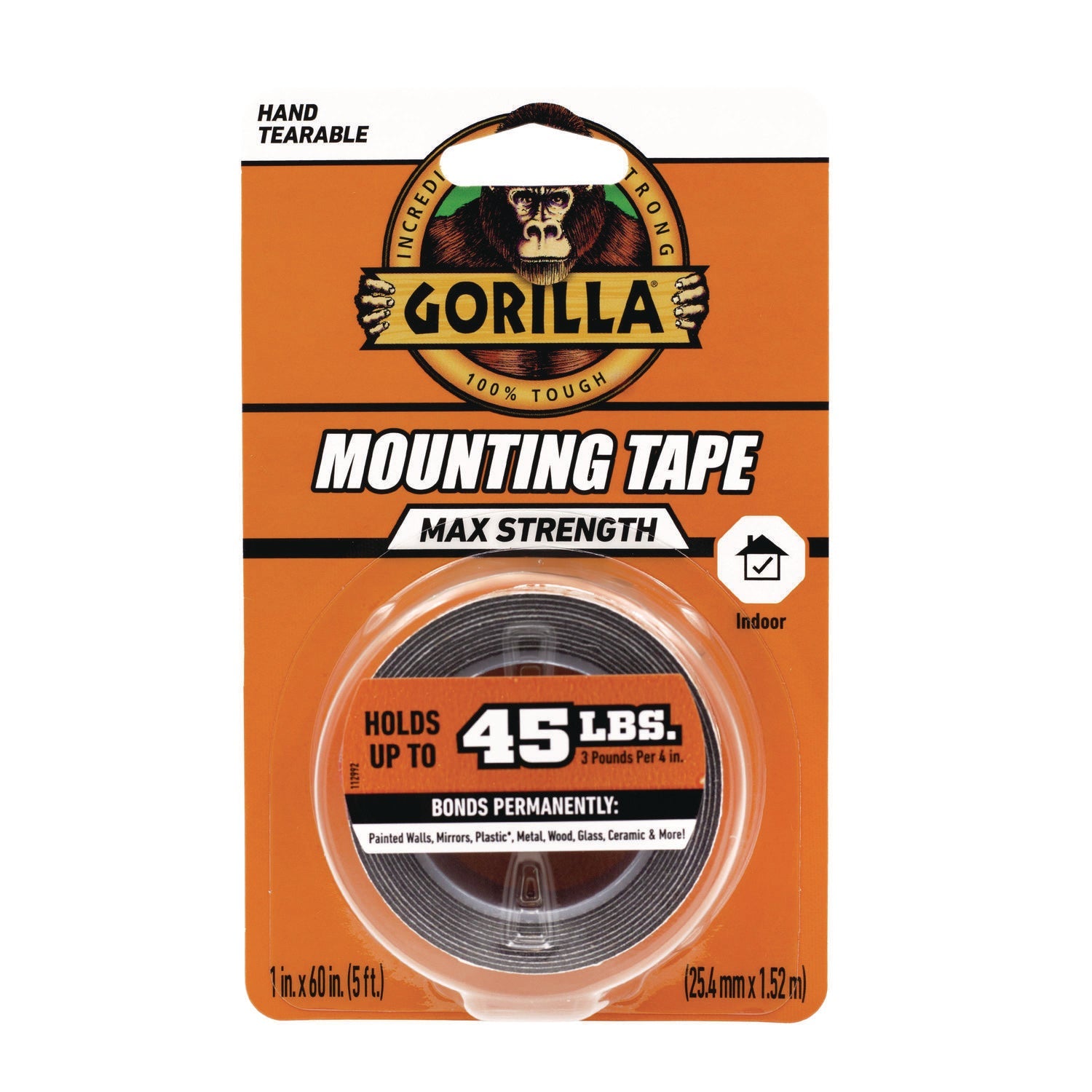 Gorilla® Max Strength Mounting Tape, Permanent, Holds Up to 45 lb (3 lbs per 4 in), 1 x 60, Black