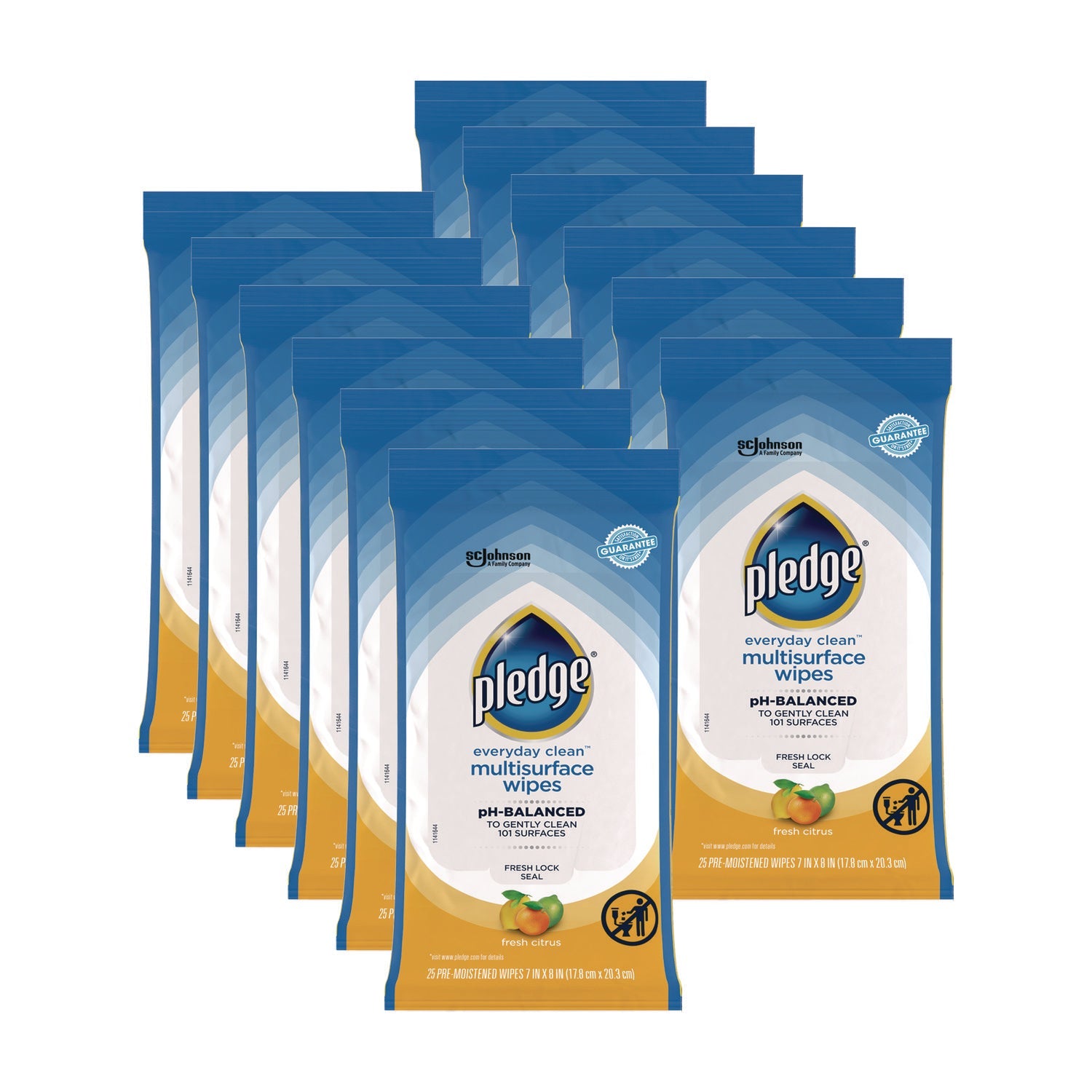 Pledge® Multi-Surface Cleaner Wet Wipes, Cloth, 7 x 10, Fresh Citrus, White, 25/Pack, 12 Packs/Carton