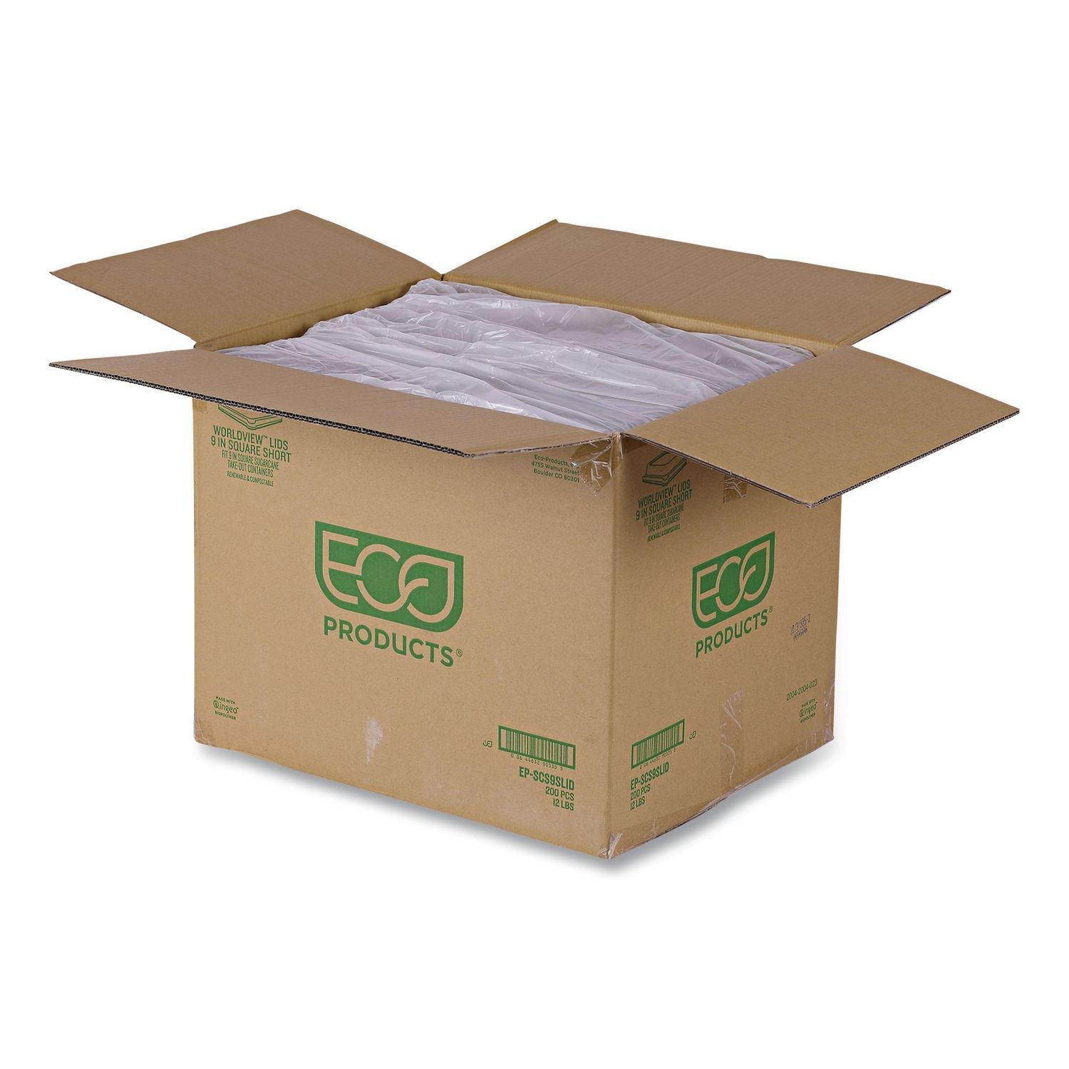 Eco-Products® Renewable and Compostable Lids, 8.8 x 8.8 x 1.64, Clear, Plastic, 200/Carton - Bloom Skins