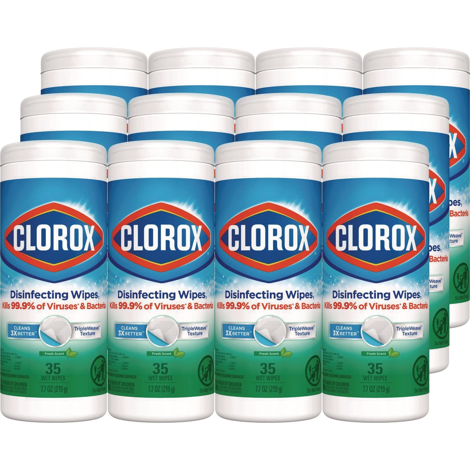 Clorox® Disinfecting Wipes, 1-Ply, 7 x 8, Fresh Scent, White, 35/Canister, 12 Canisters/Carton