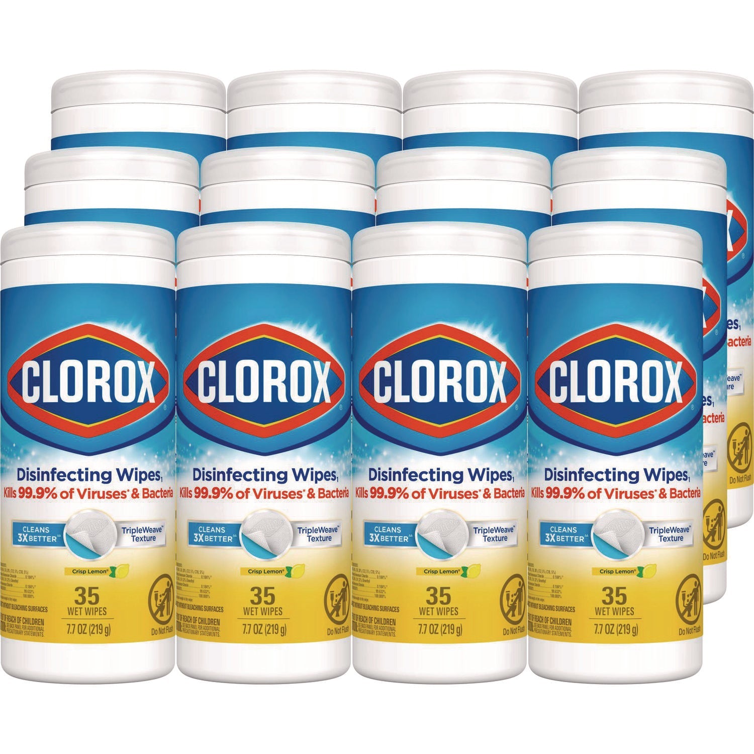 Clorox® Disinfecting Wipes, 1-Ply, 7 x 8, Crisp Lemon, White, 35/Canister, 12 Canisters/Carton