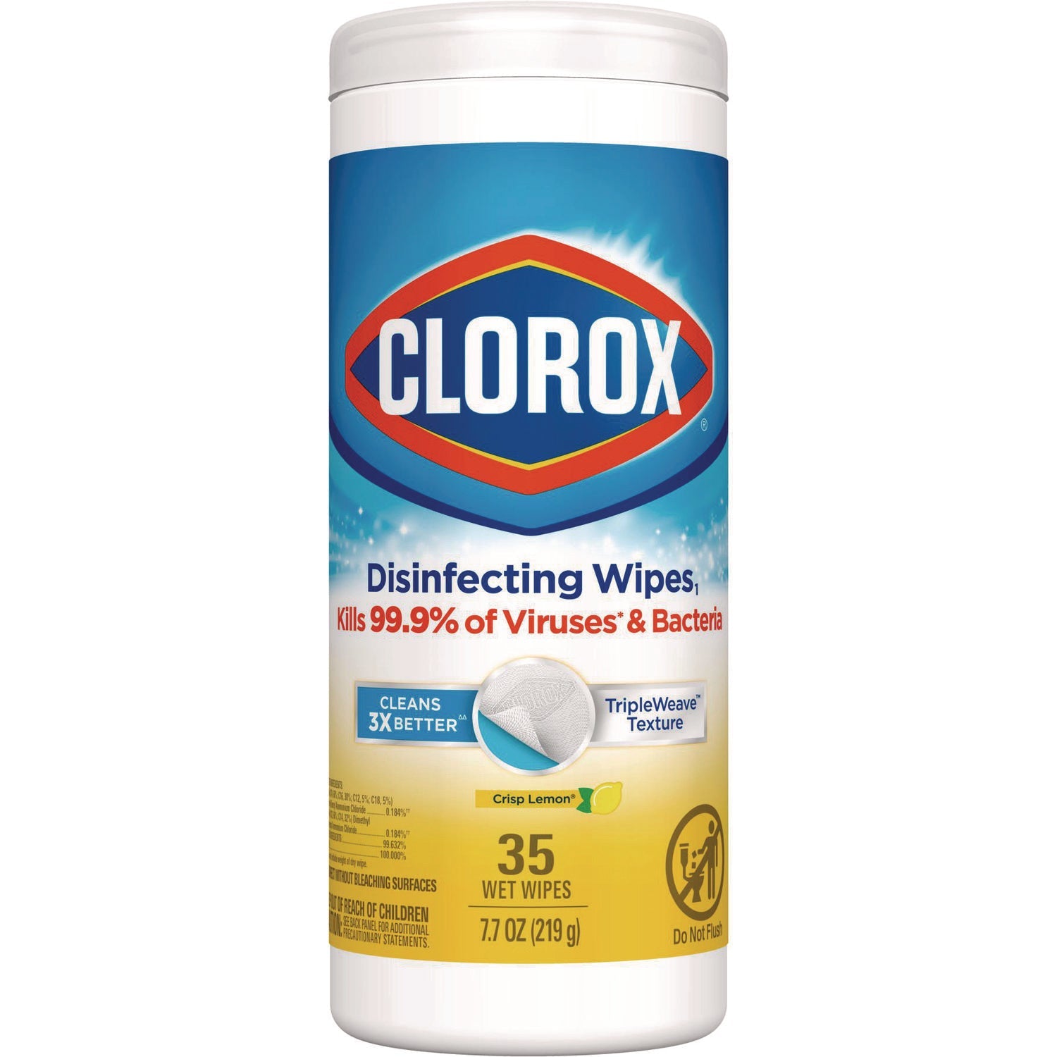 Clorox® Disinfecting Wipes, 1-Ply, 7 x 8, Crisp Lemon, White, 35/Canister