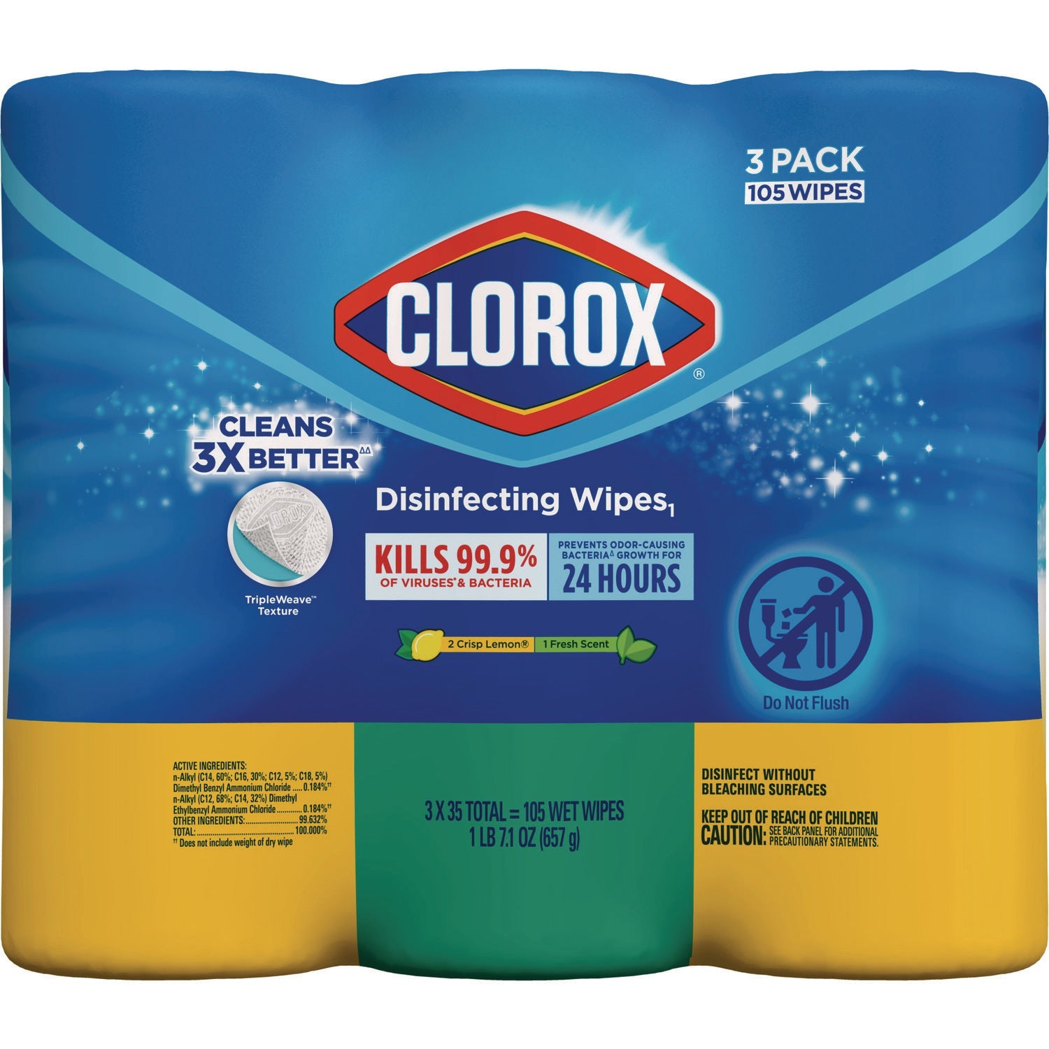 Clorox® Disinfecting Wipes, 1-Ply, 7 x 8, Fresh Scent/Citrus Blend, White, 35/Canister, 3 Canisters/Pack