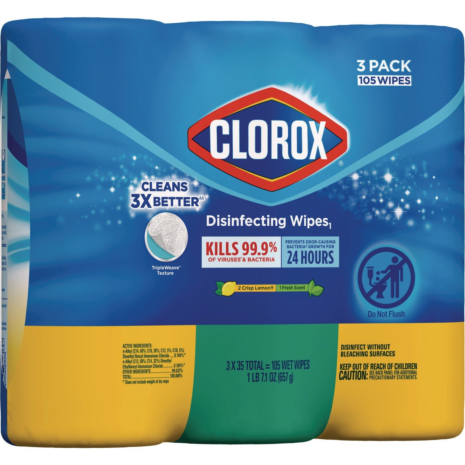 Clorox® Disinfecting Wipes, 1-Ply, 7 x 8, Fresh Scent/Citrus Blend, 35/Canister, 3/Pack, 5 Packs/Carton