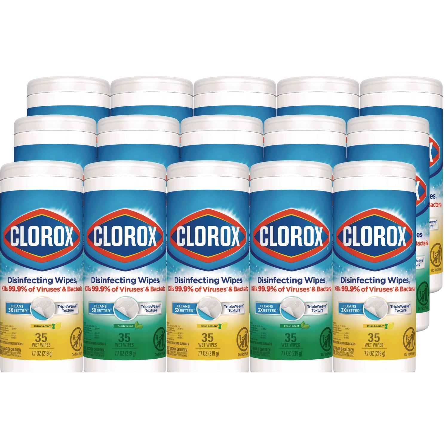 Clorox® Disinfecting Wipes, 1-Ply, 7 x 8, Fresh Scent/Citrus Blend, 35/Canister, 3/Pack, 5 Packs/Carton