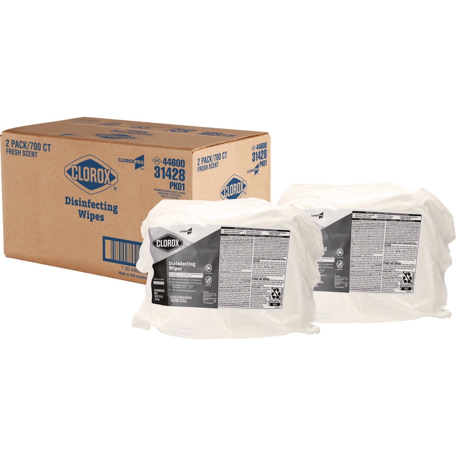 Clorox® Disinfecting Wipes, 1-Ply, 7 x 8, Fresh Scent, White, 700/Bag Refill, 2 Bags/Carton